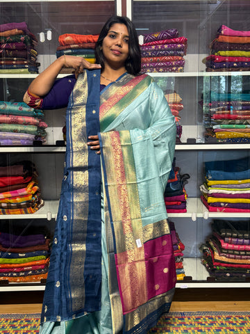 PURE DOLA SILK SAREE WITH CHAP DYE TRIPLE BORDER