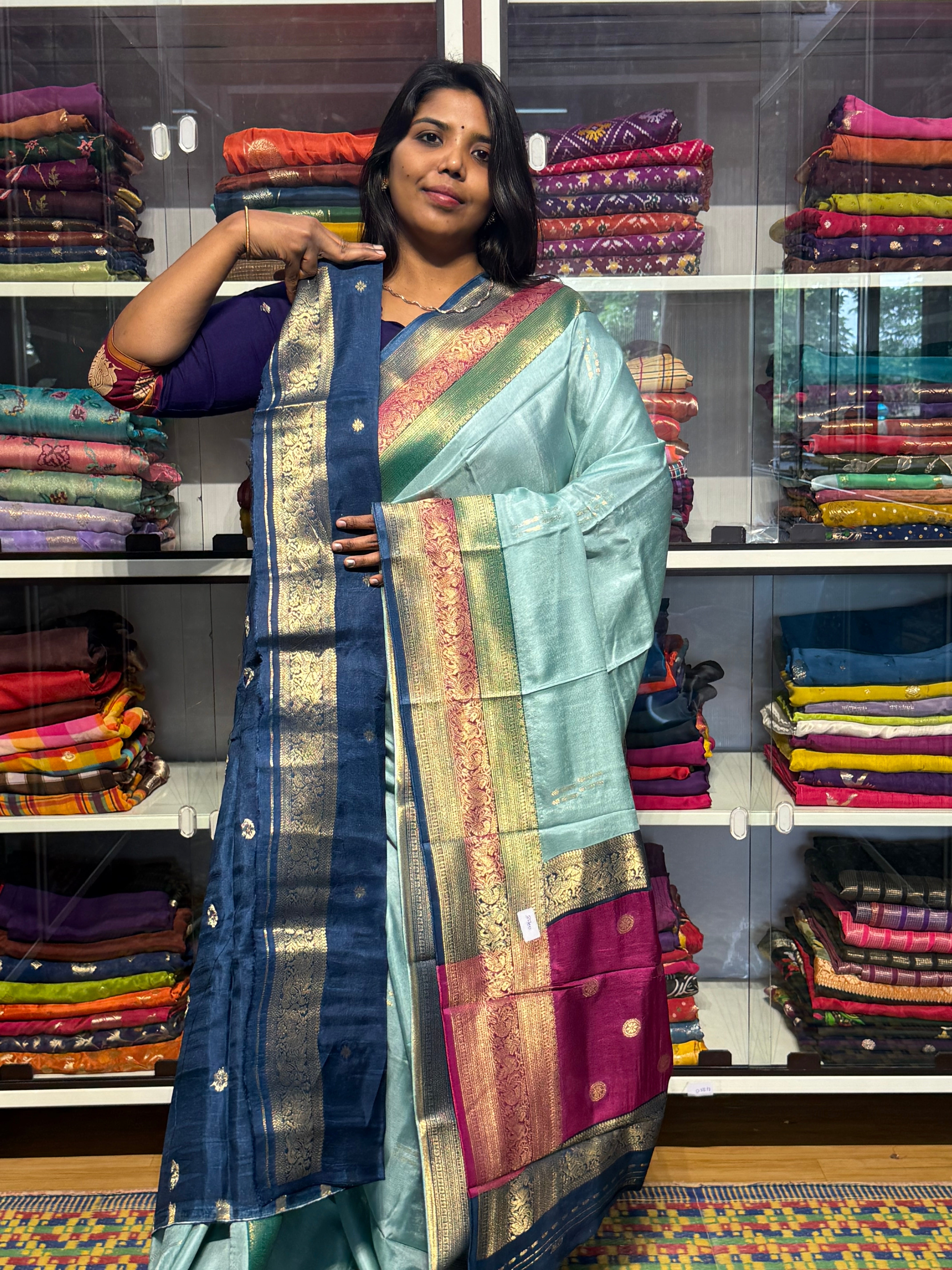 PURE DOLA SILK SAREE WITH CHAP DYE TRIPLE BORDER