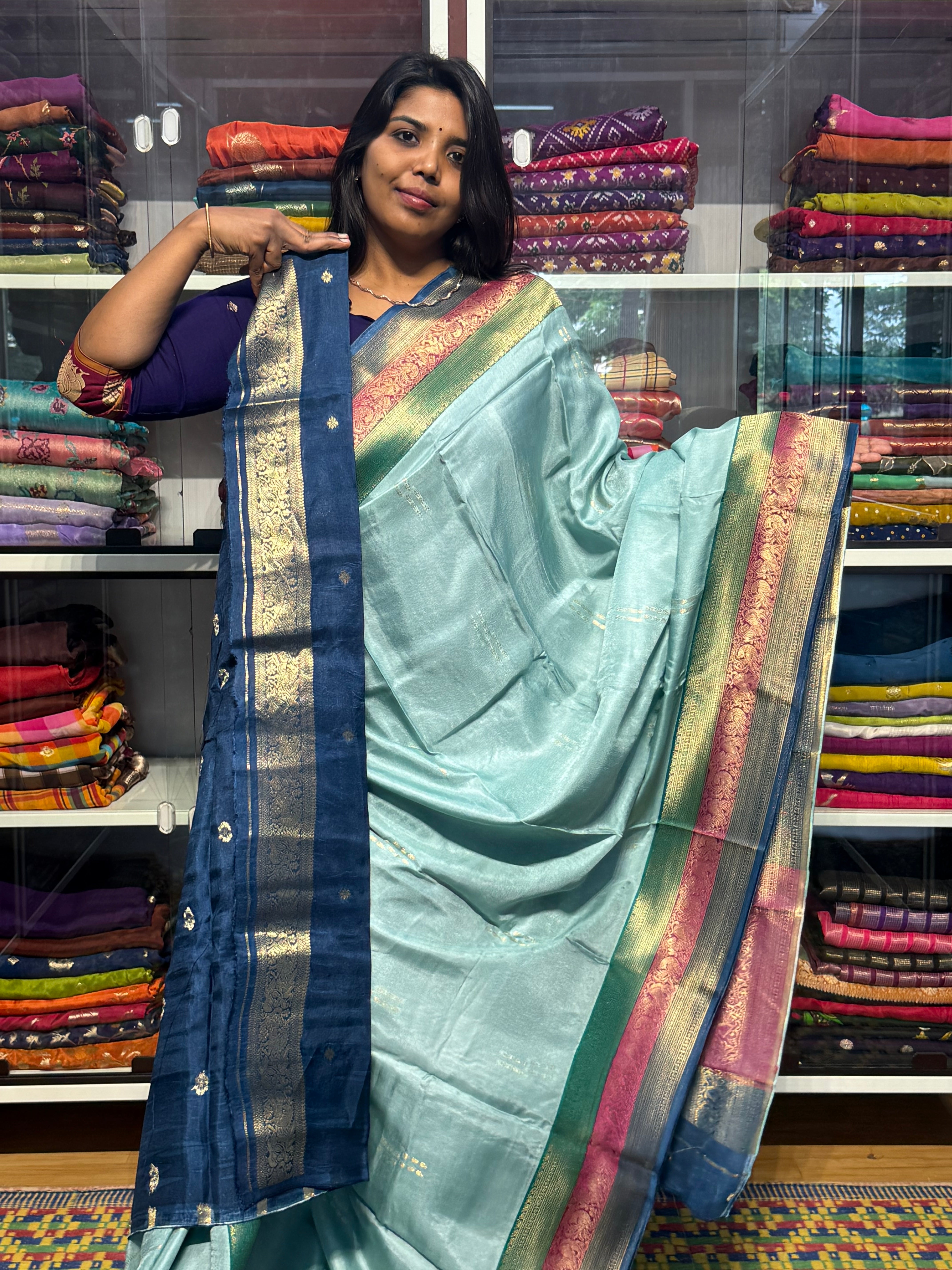 PURE DOLA SILK SAREE WITH CHAP DYE TRIPLE BORDER