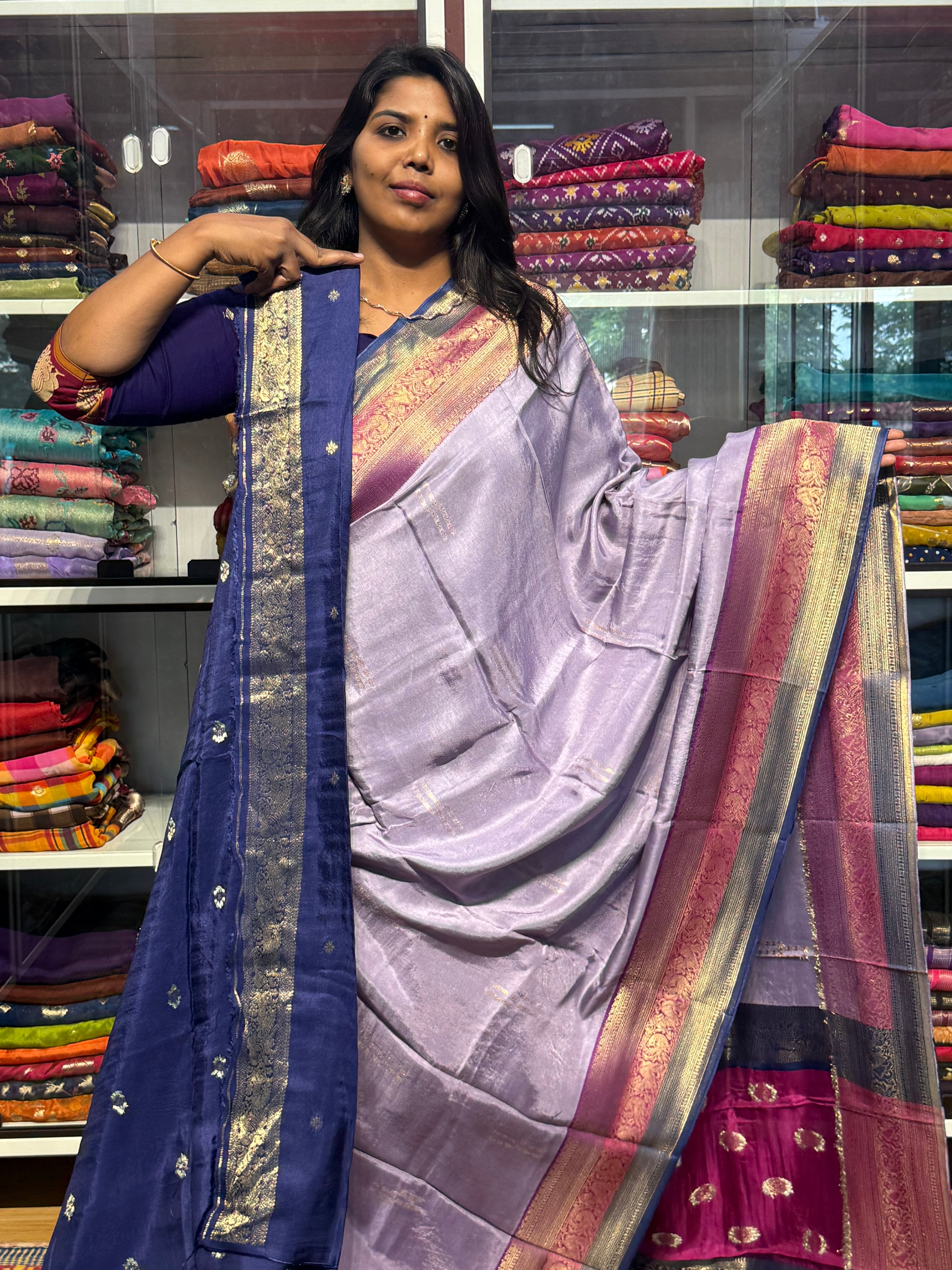 PURE DOLA SILK SAREE WITH CHAP DYE TRIPLE BORDER
