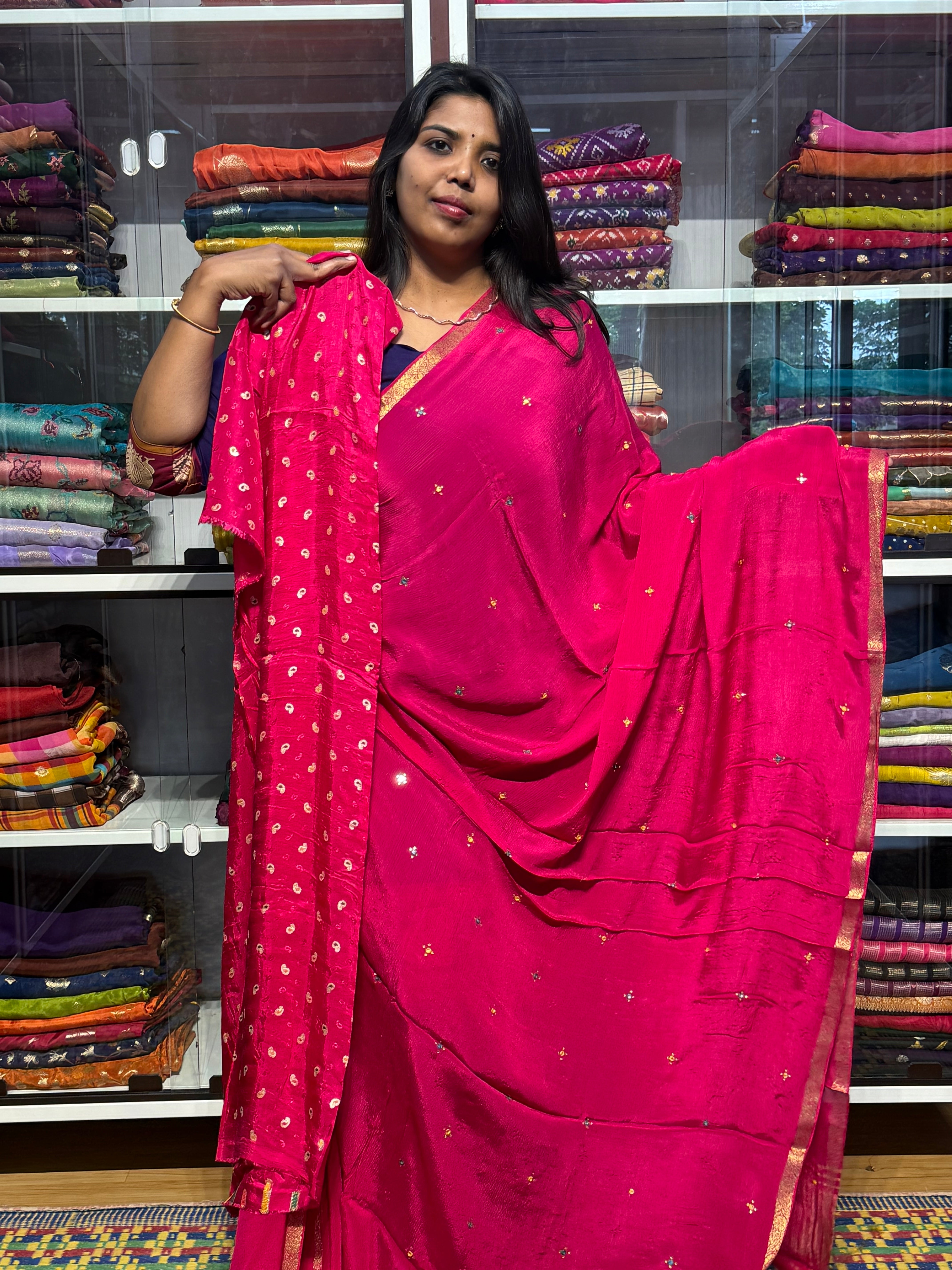 PURE CHIFFON SAREES WITH HAND MIRROR WORK