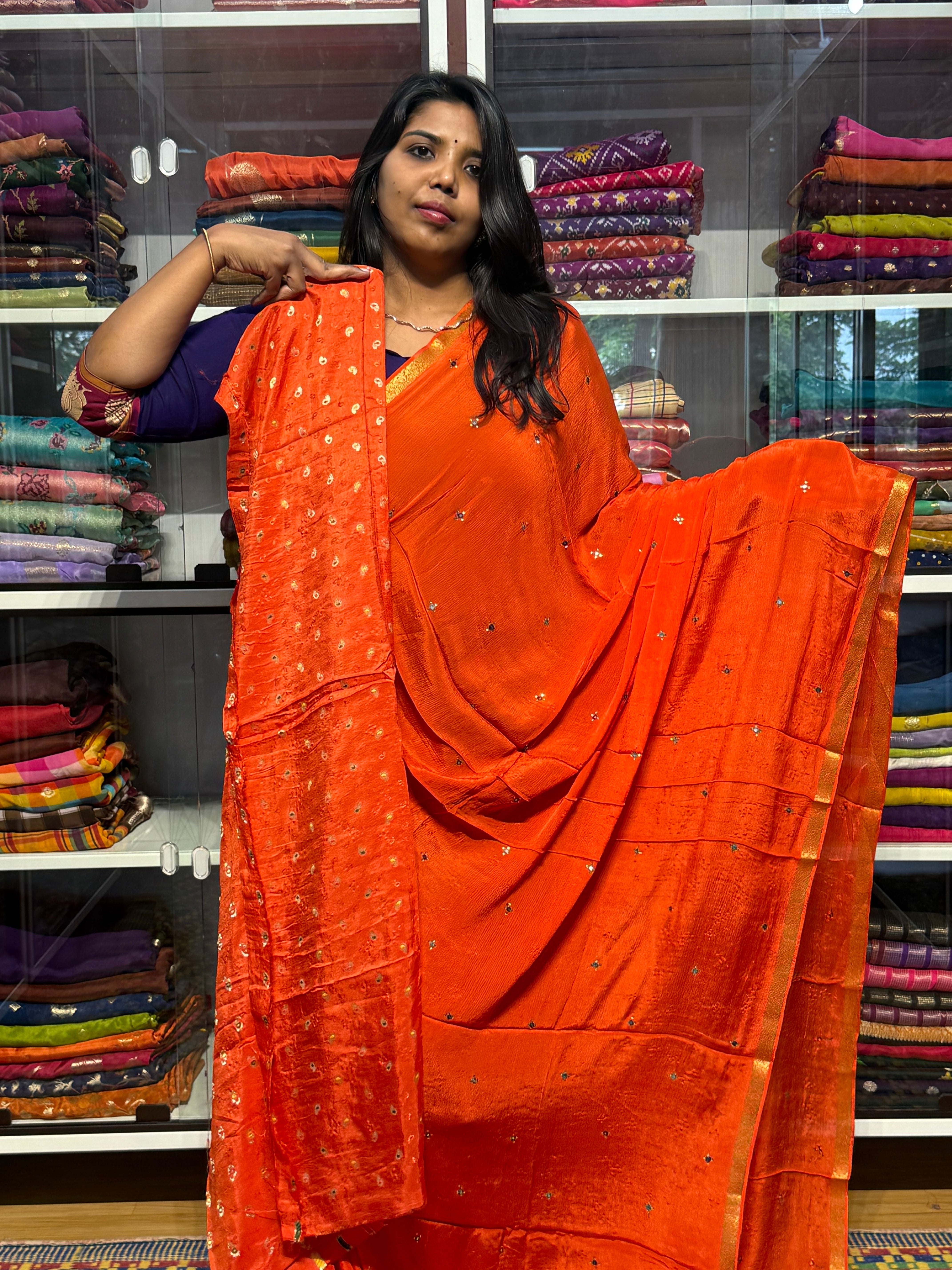 PURE CHIFFON SAREES WITH HAND MIRROR WORK