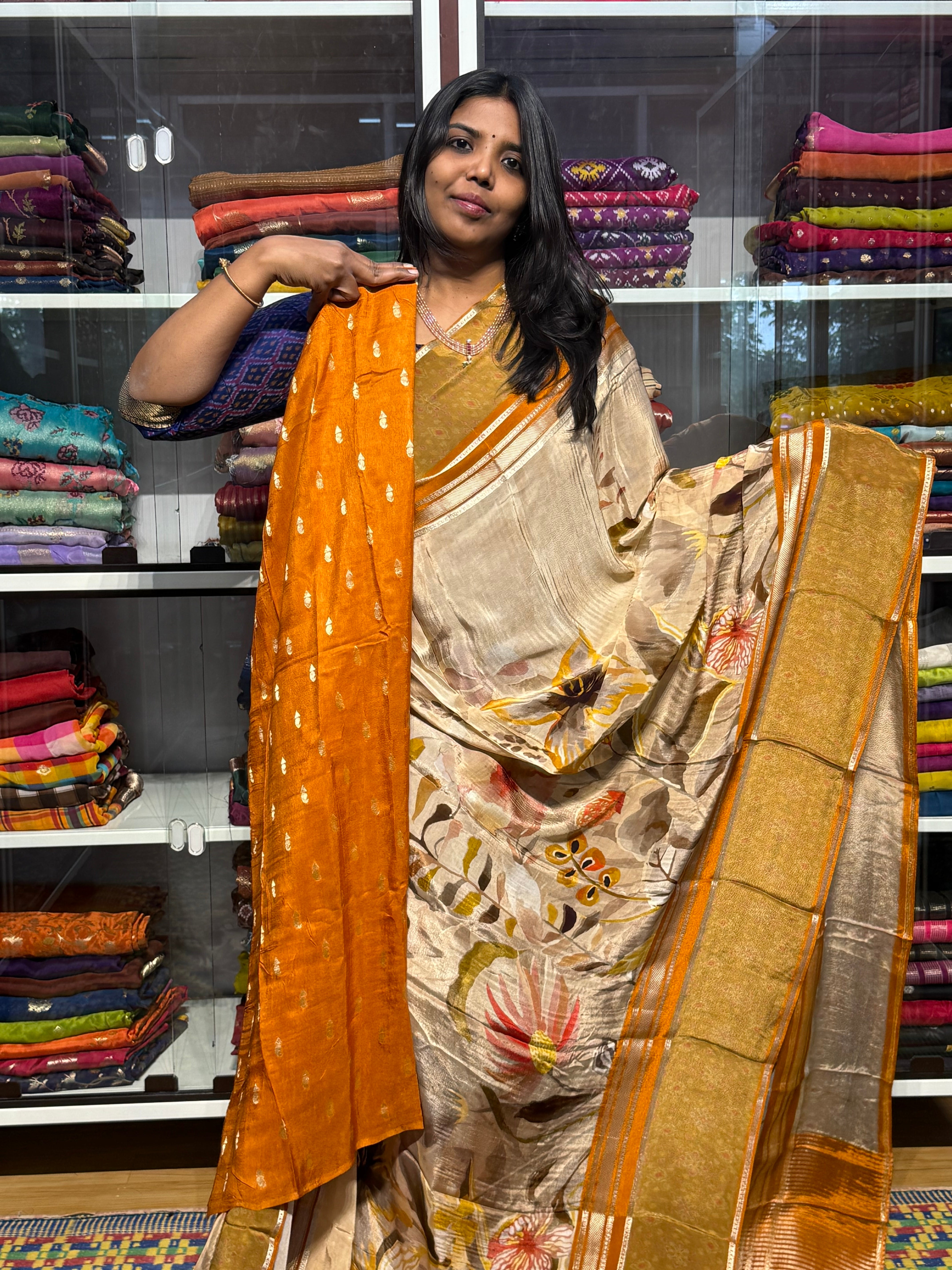 BUTTER CREPE MYSORE SILK SAREES WITH DIGITAL PRINT