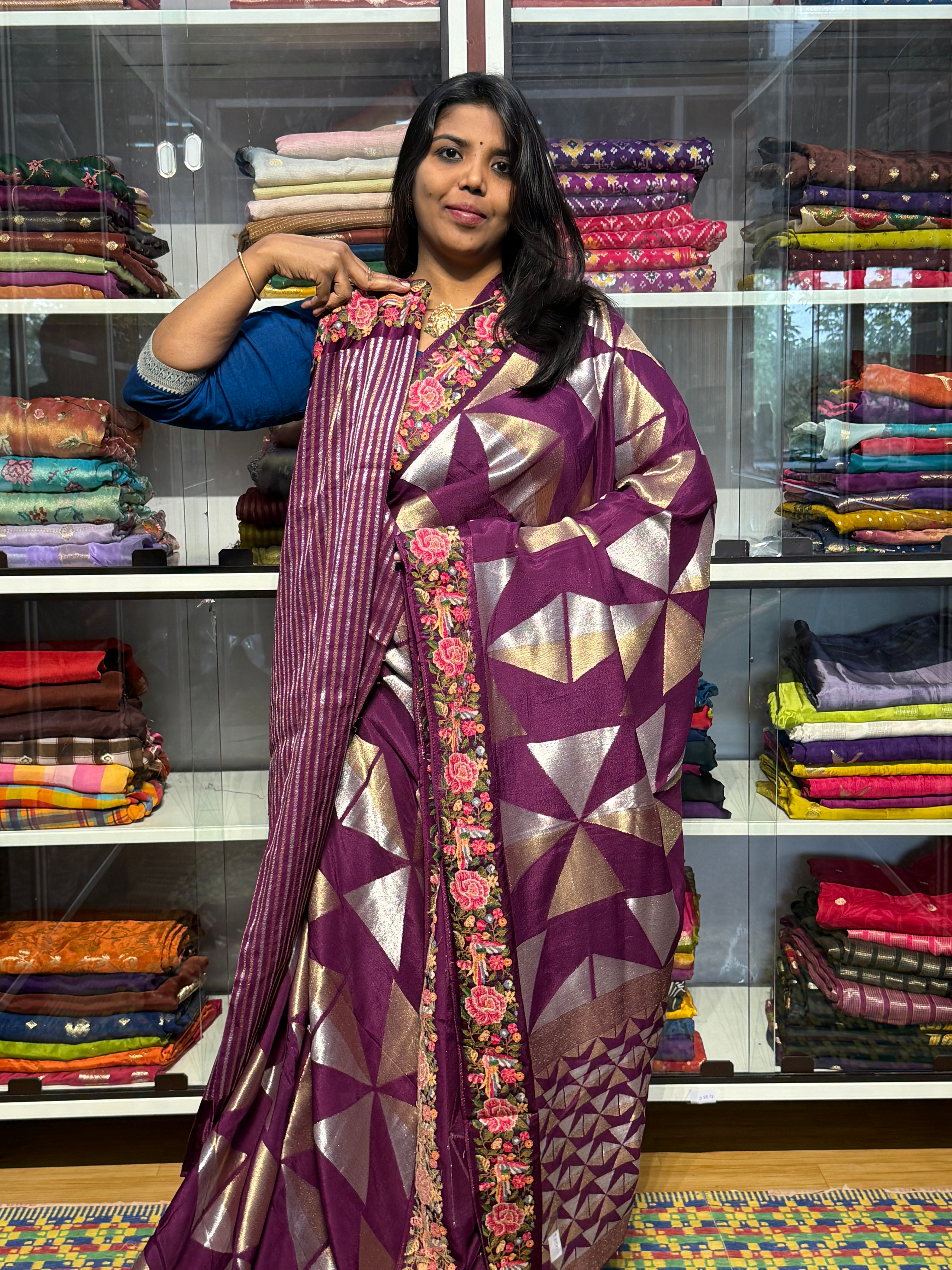 PETIT POINT EMBROIDERY BORDER ON MUNGA CREPE TISSUE WEAVING SAREE: PURPLE