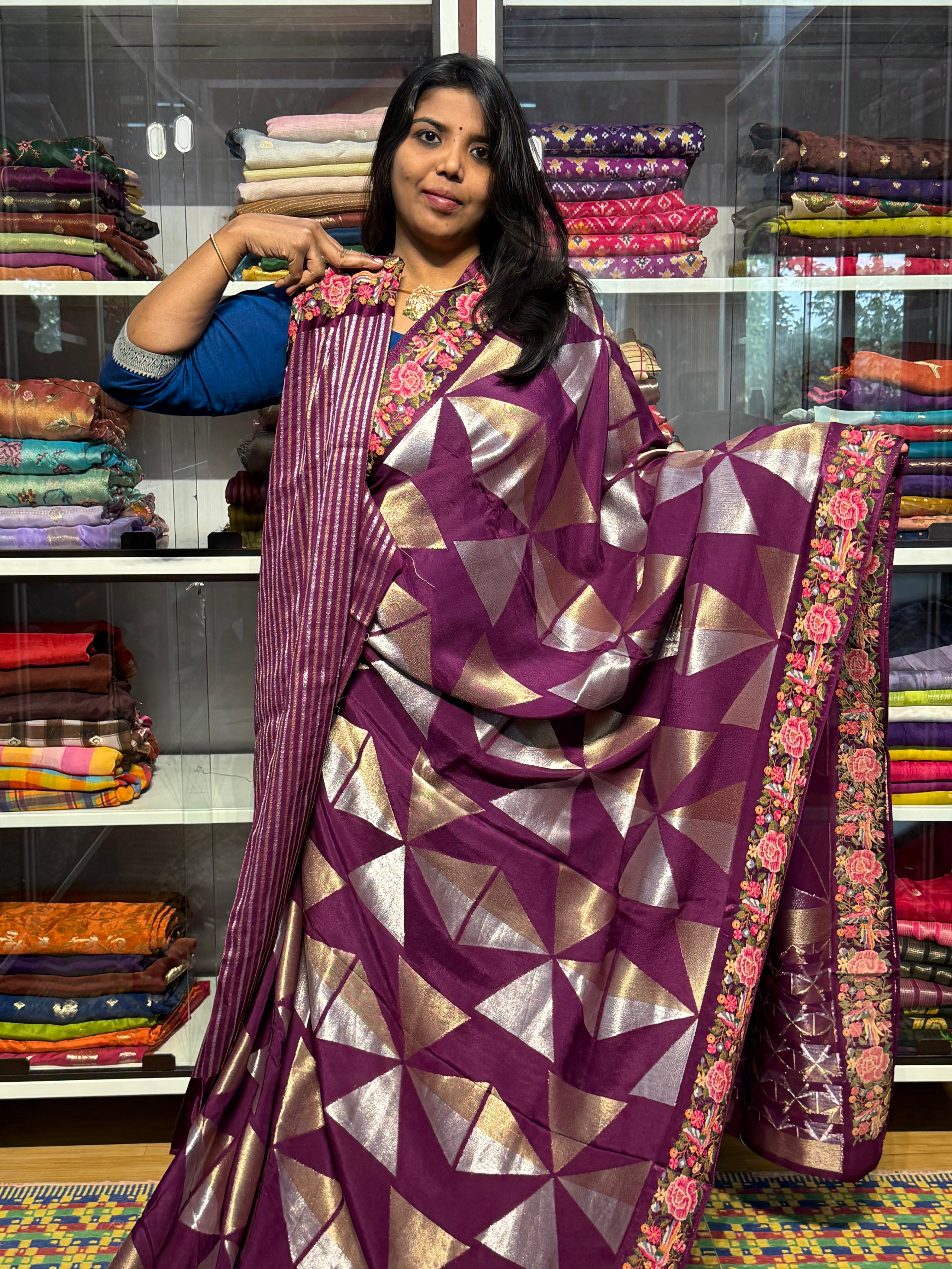 PETIT POINT EMBROIDERY BORDER ON MUNGA CREPE TISSUE WEAVING SAREE: PURPLE