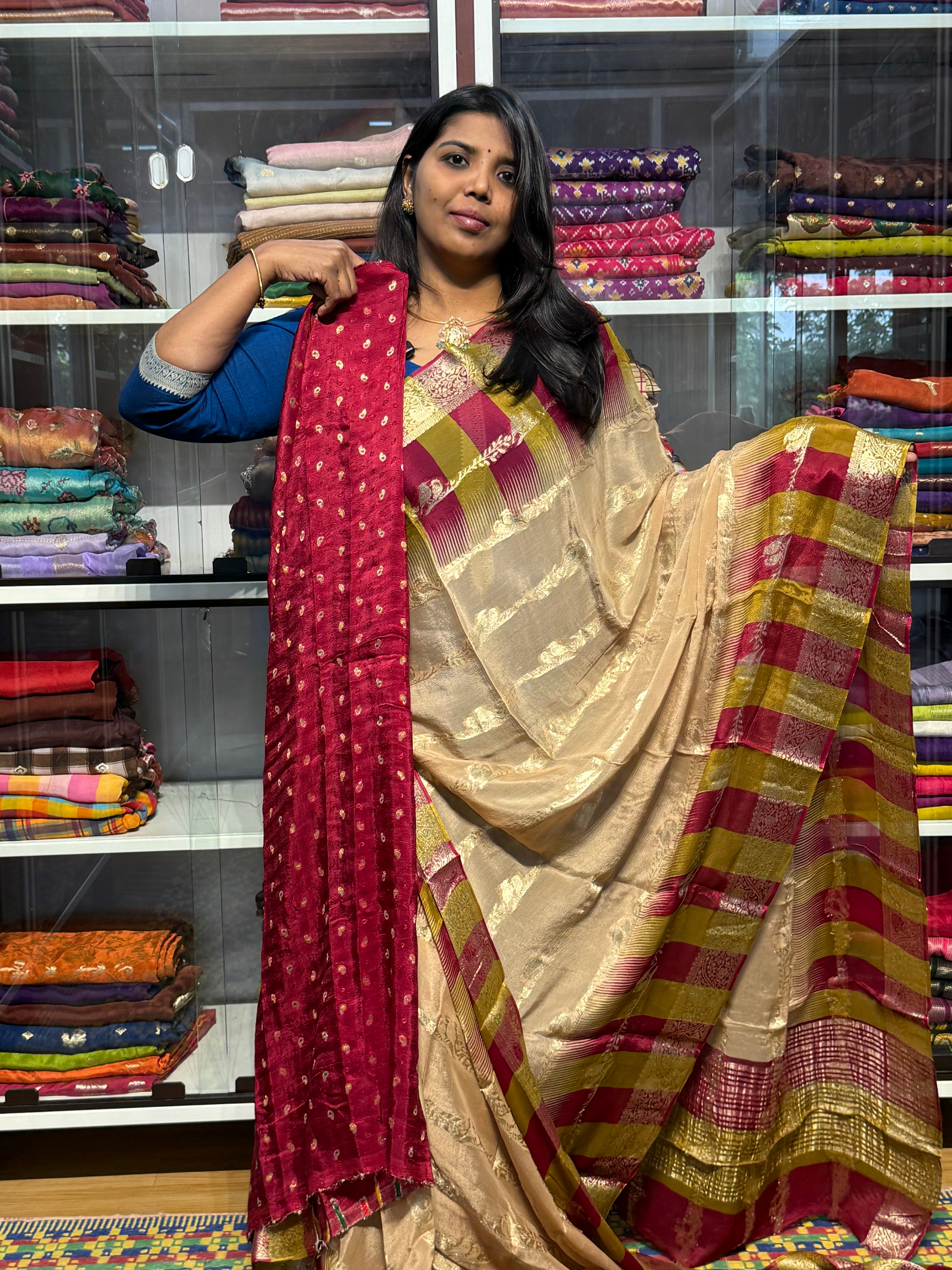 CHIFFON SAREES WITH DUAL COLOR TEMPLE BORDER AND BIRDS CREEPER WEAVING