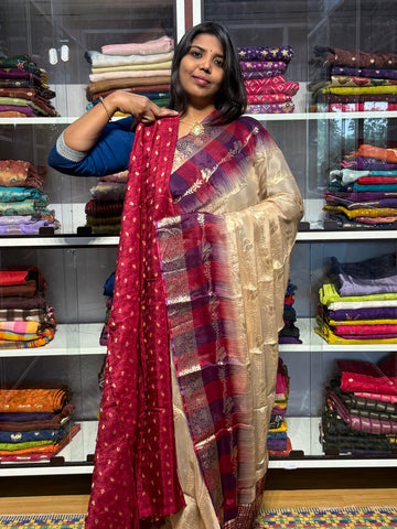 CHIFFON SAREES WITH DUAL COLOR TEMPLE BORDER AND BIRDS CREEPER WEAVING