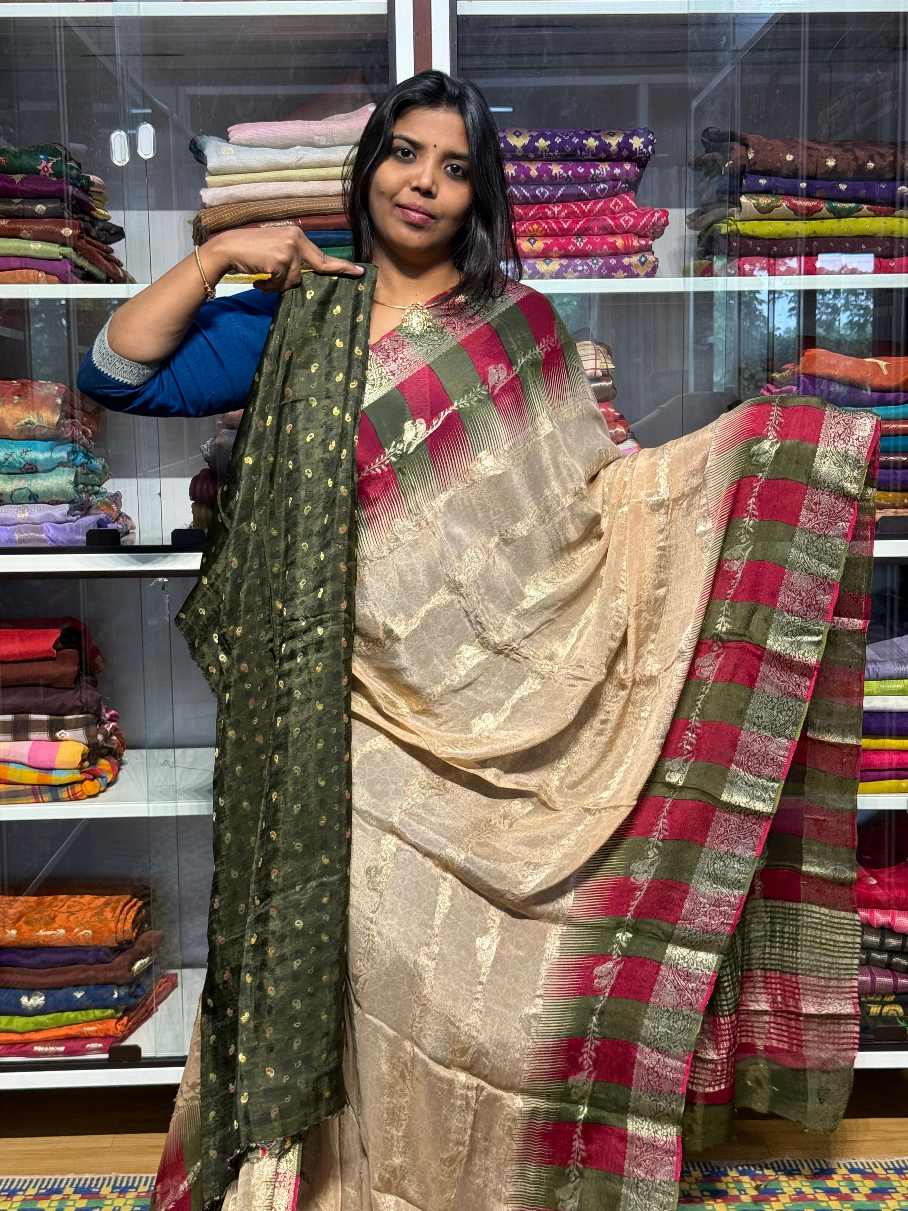 CHIFFON SAREES WITH DUAL COLOR TEMPLE BORDER AND BIRDS CREEPER WEAVING