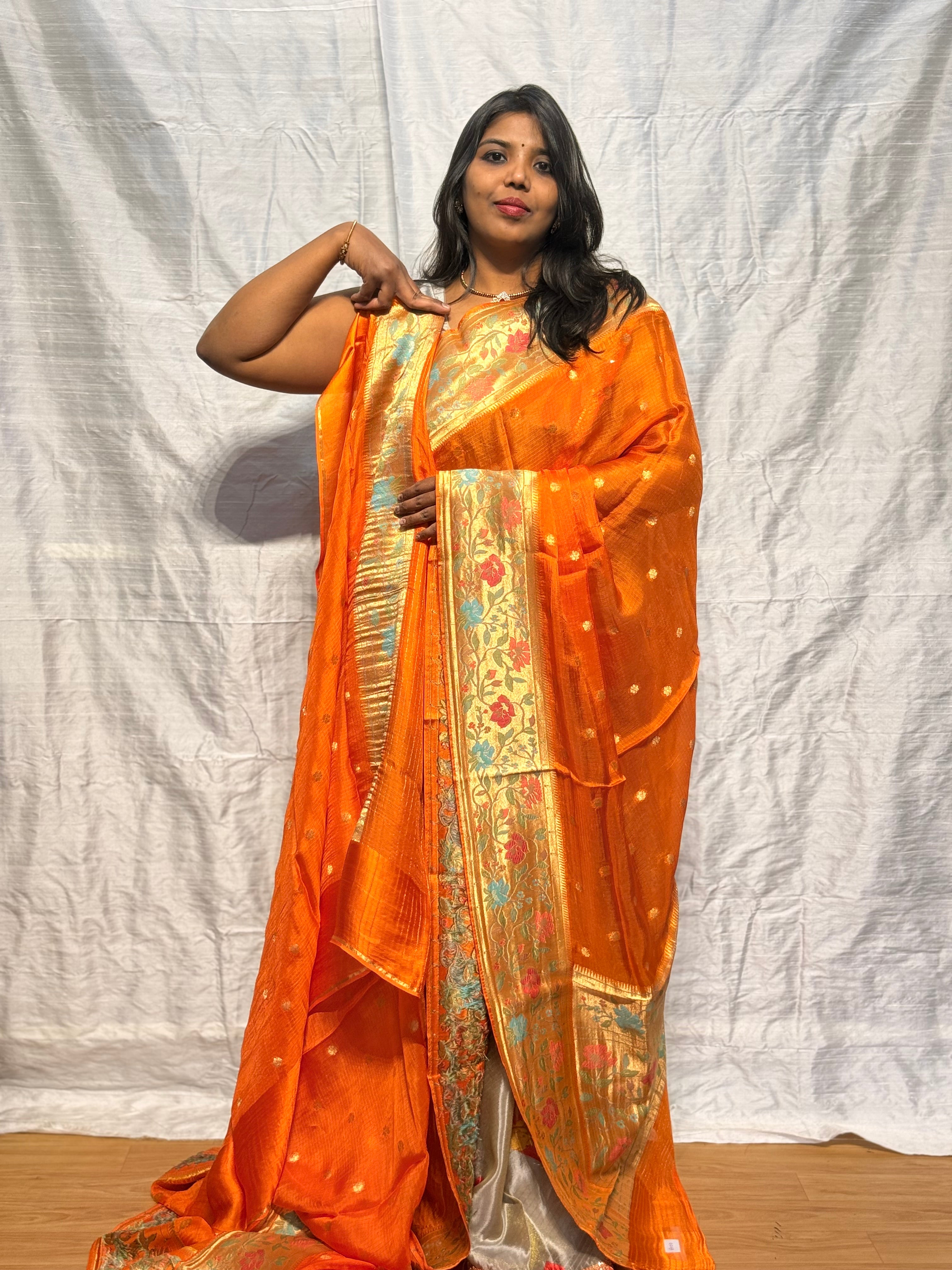 Pure manipuri silk kota with paithani border: ORANGE
