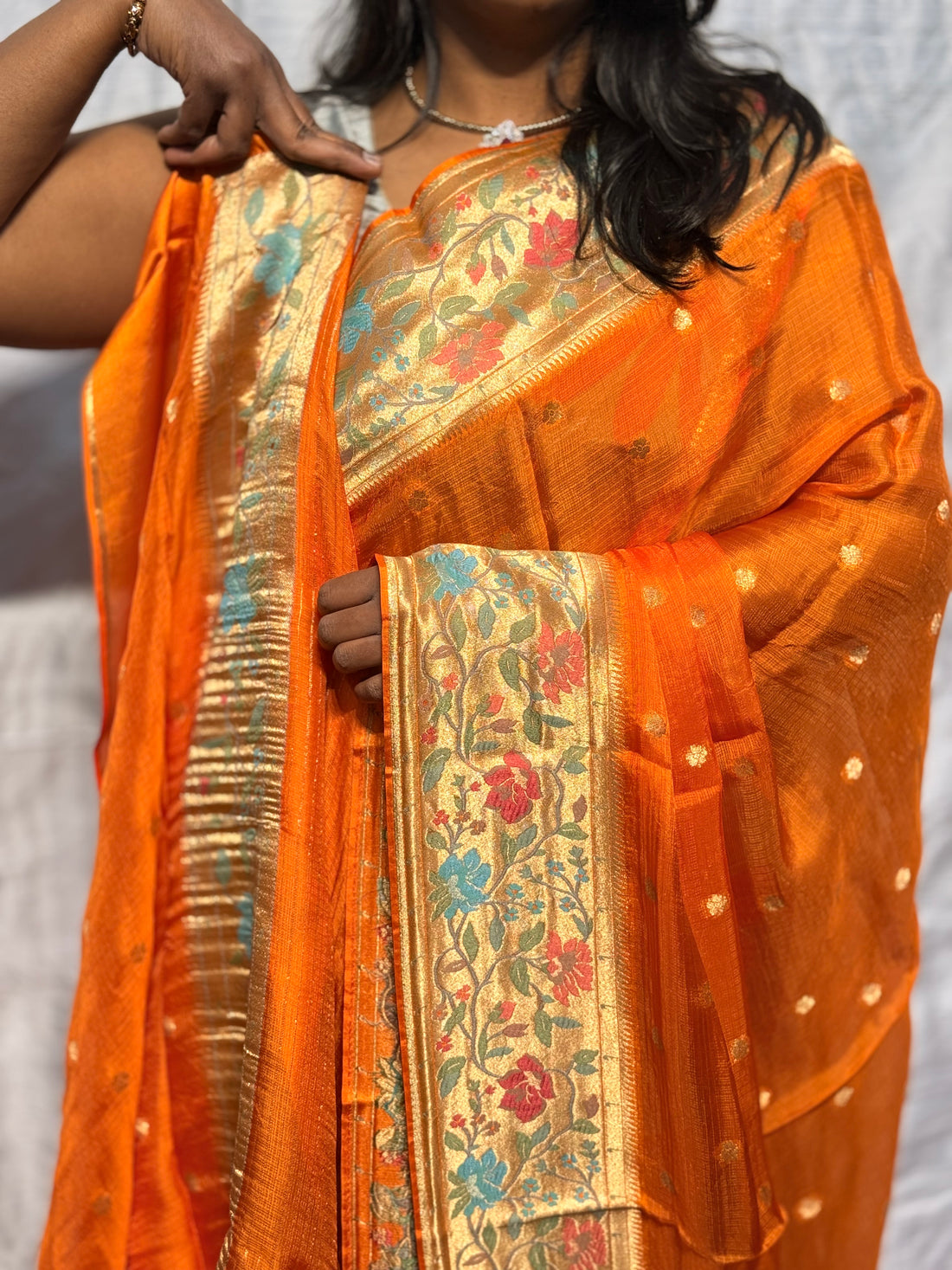 Pure manipuri silk kota with paithani border: ORANGE