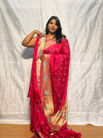 pure manipuri silk kota saree with paithani border: PINK