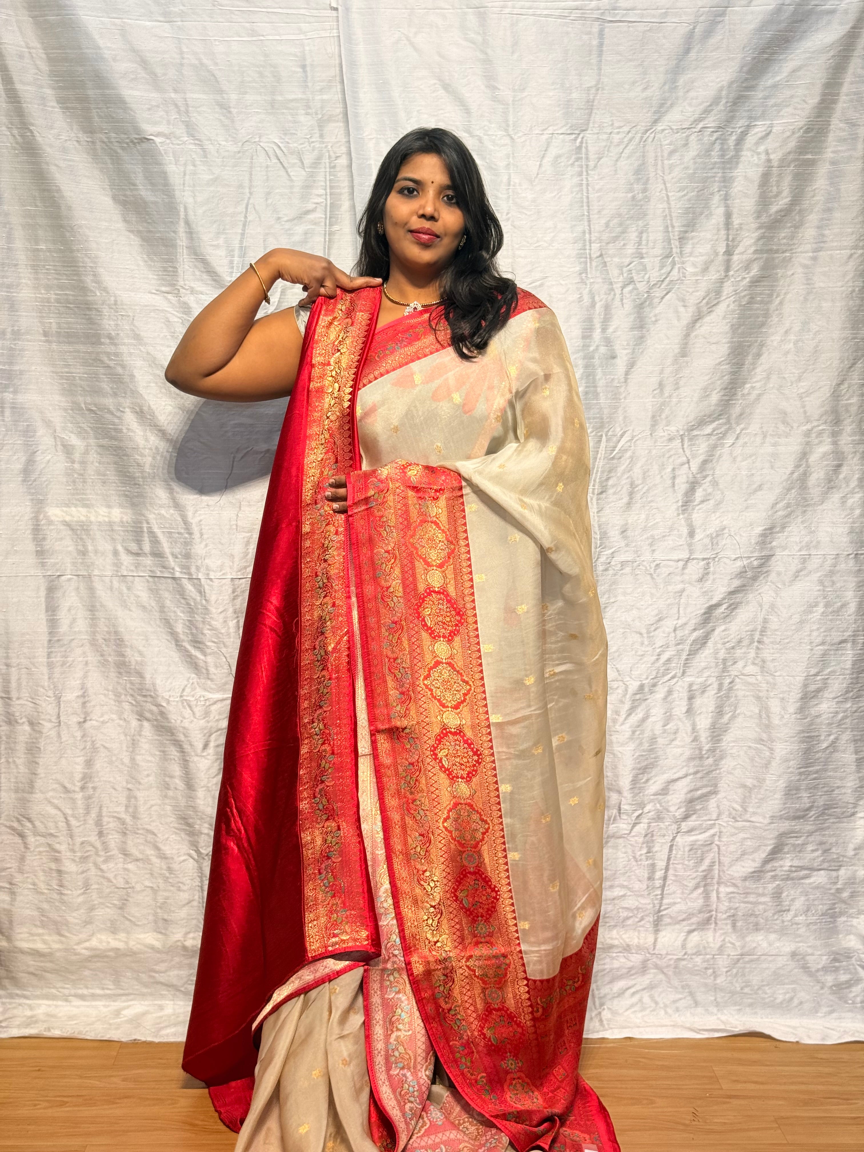 Pure Tissue Georgette with meenakari border: Moon color with pink border