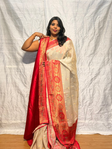 Pure Tissue Georgette with meenakari border: Moon color with pink border