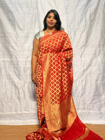 PURE BANARAS KHADDI GEORGETTE JAAL PATTERN :RED