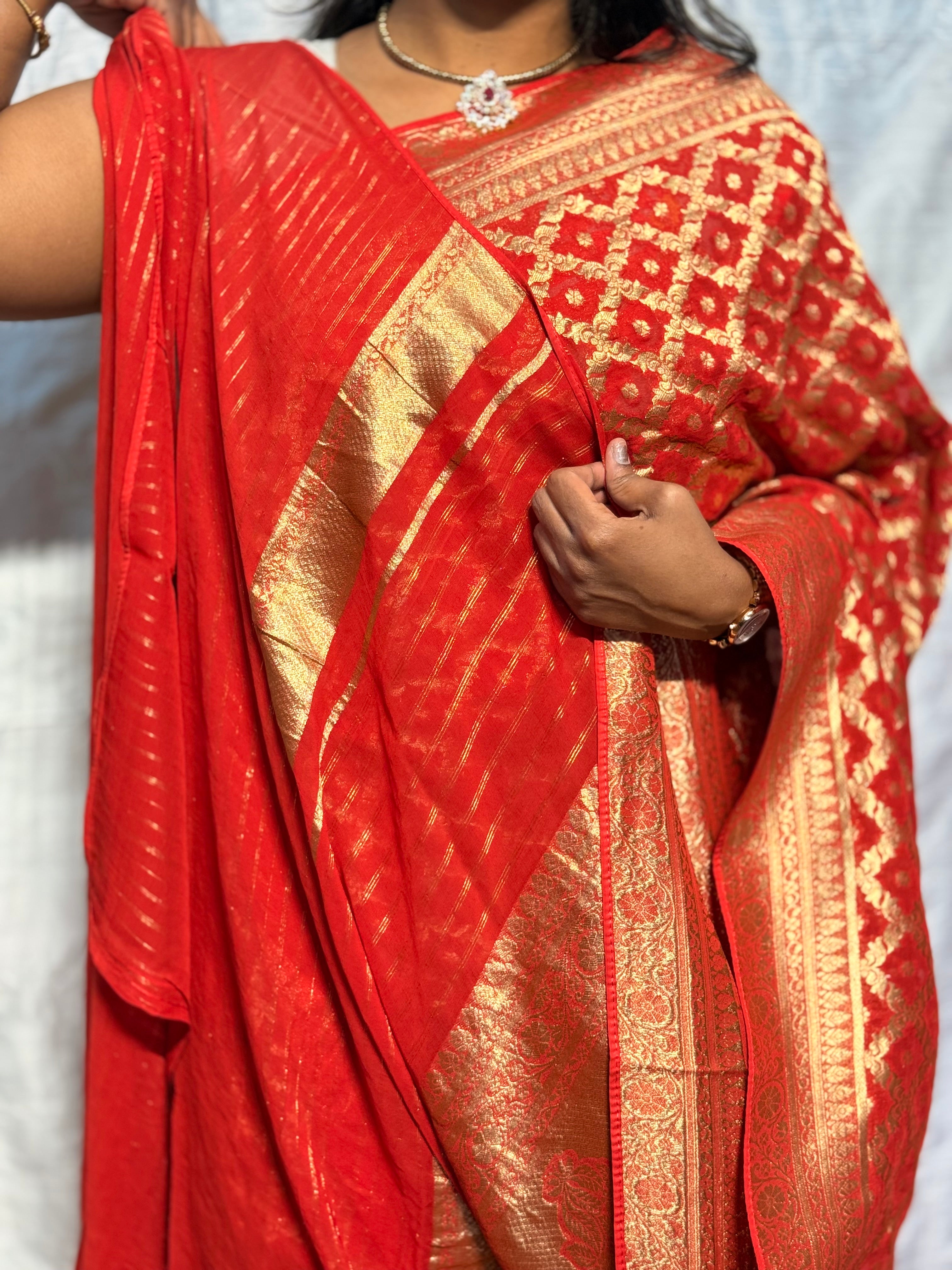 PURE BANARAS KHADDI GEORGETTE JAAL PATTERN :RED