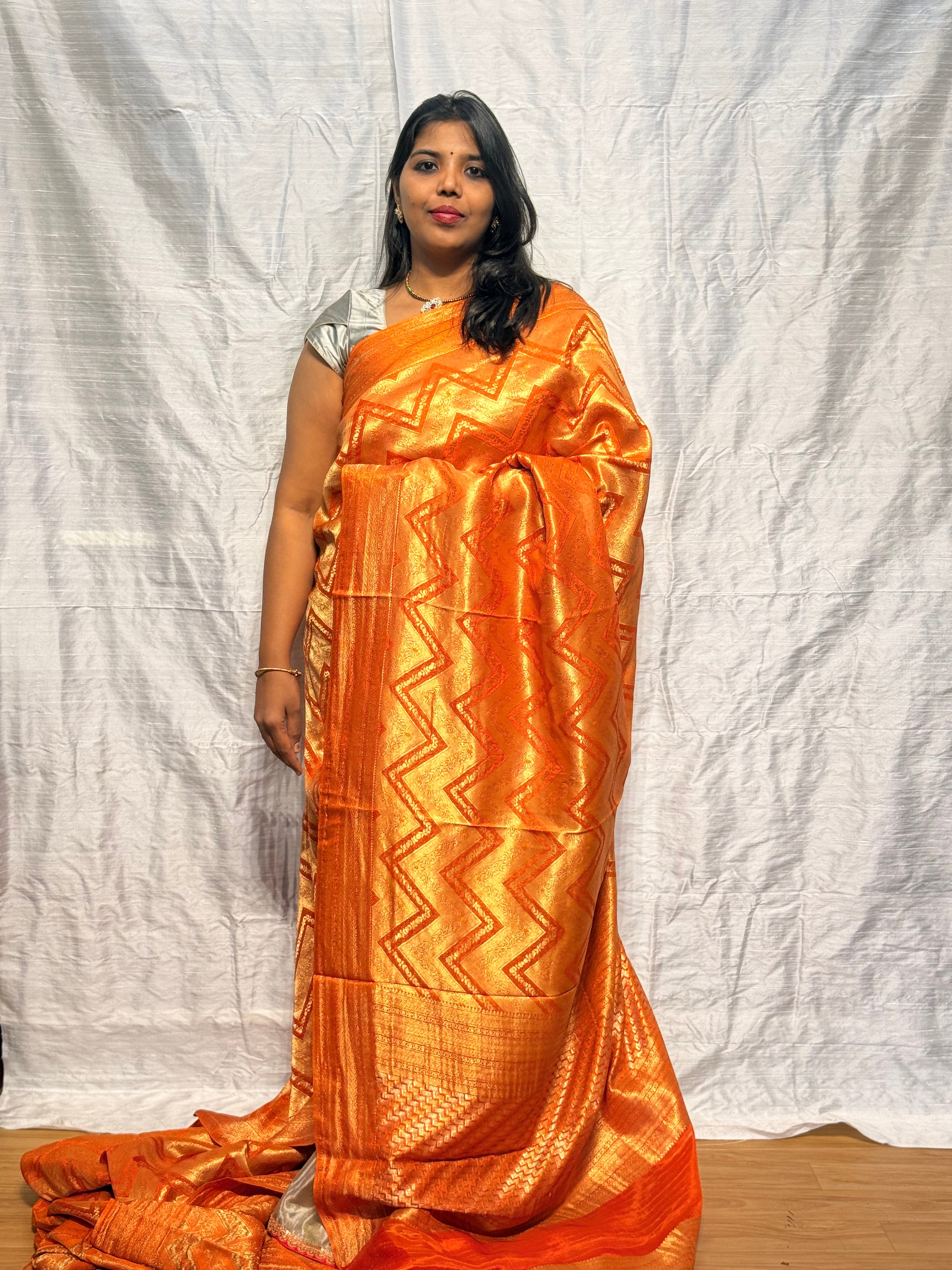 PREMIUM MYSORE SILK FULL BROCADE ZIGZAG PATTERN: ORANGE