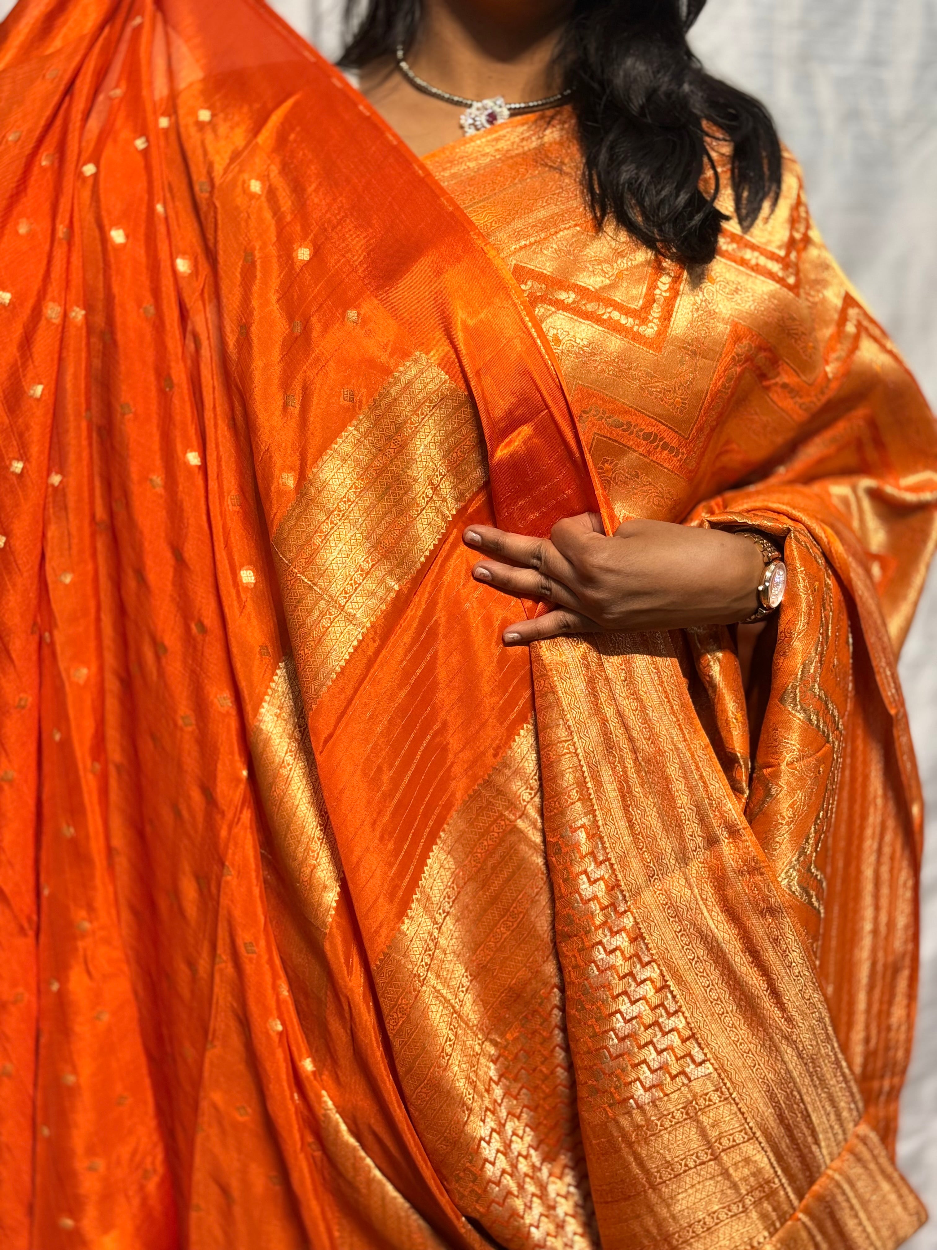PREMIUM MYSORE SILK FULL BROCADE ZIGZAG PATTERN: ORANGE
