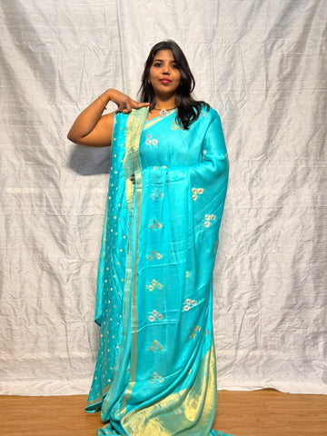 PURE MASHRU SATIN WITH BALLOON BUTIS: SEA BLUE
