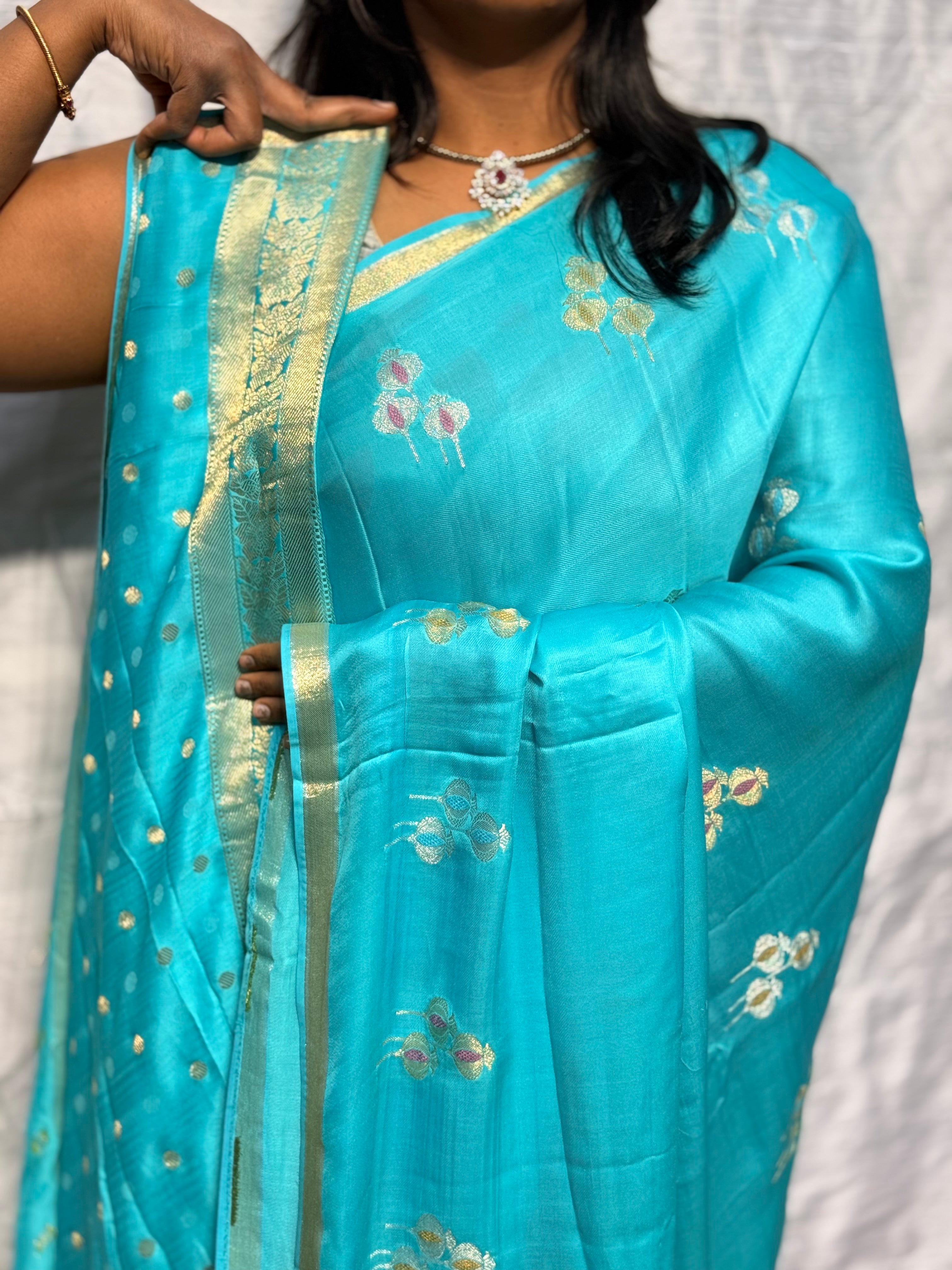 PURE MASHRU SATIN WITH BALLOON BUTIS: SEA BLUE