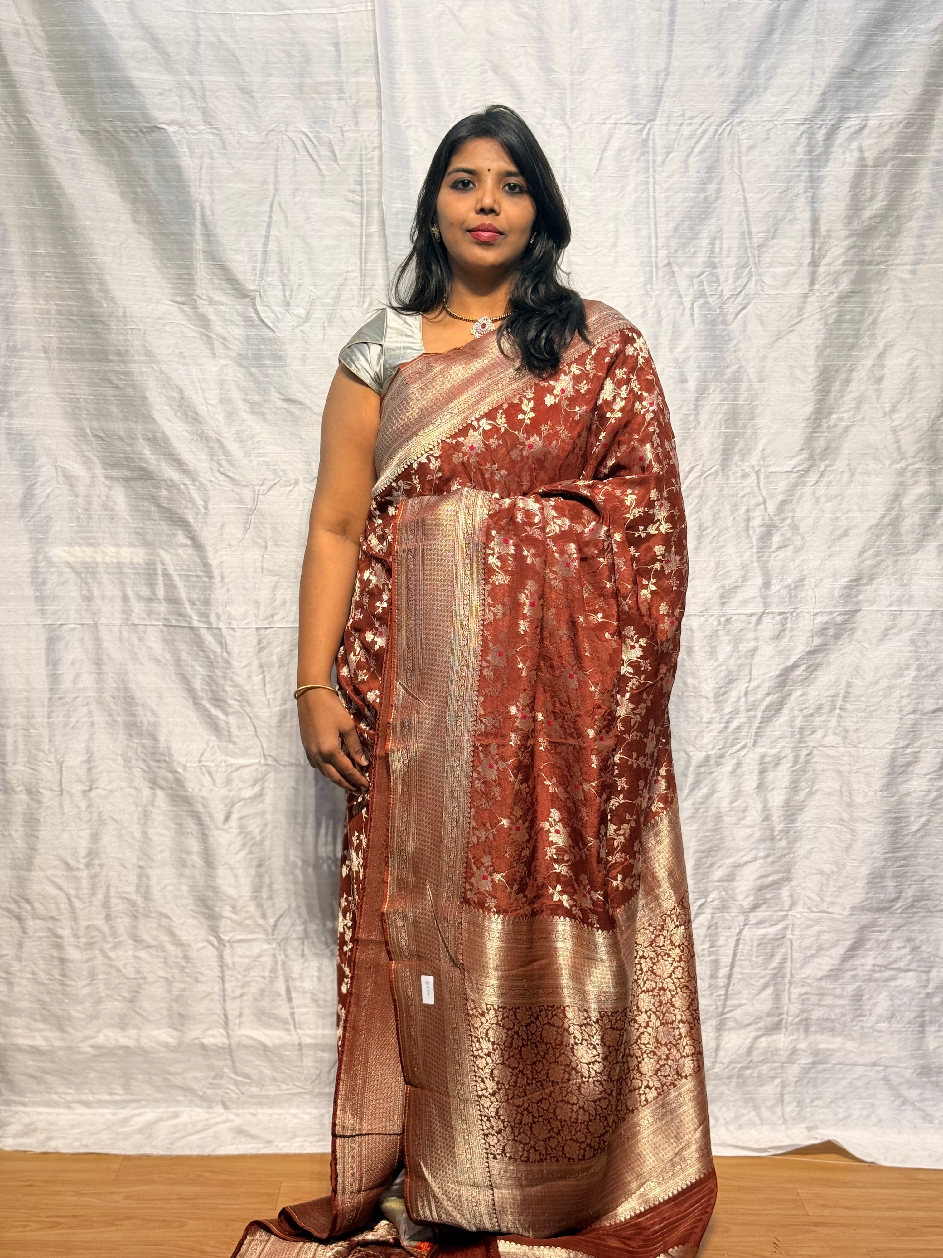 PREMIUM MYSORE SILK WITH JAAL PATTERN: BROWN