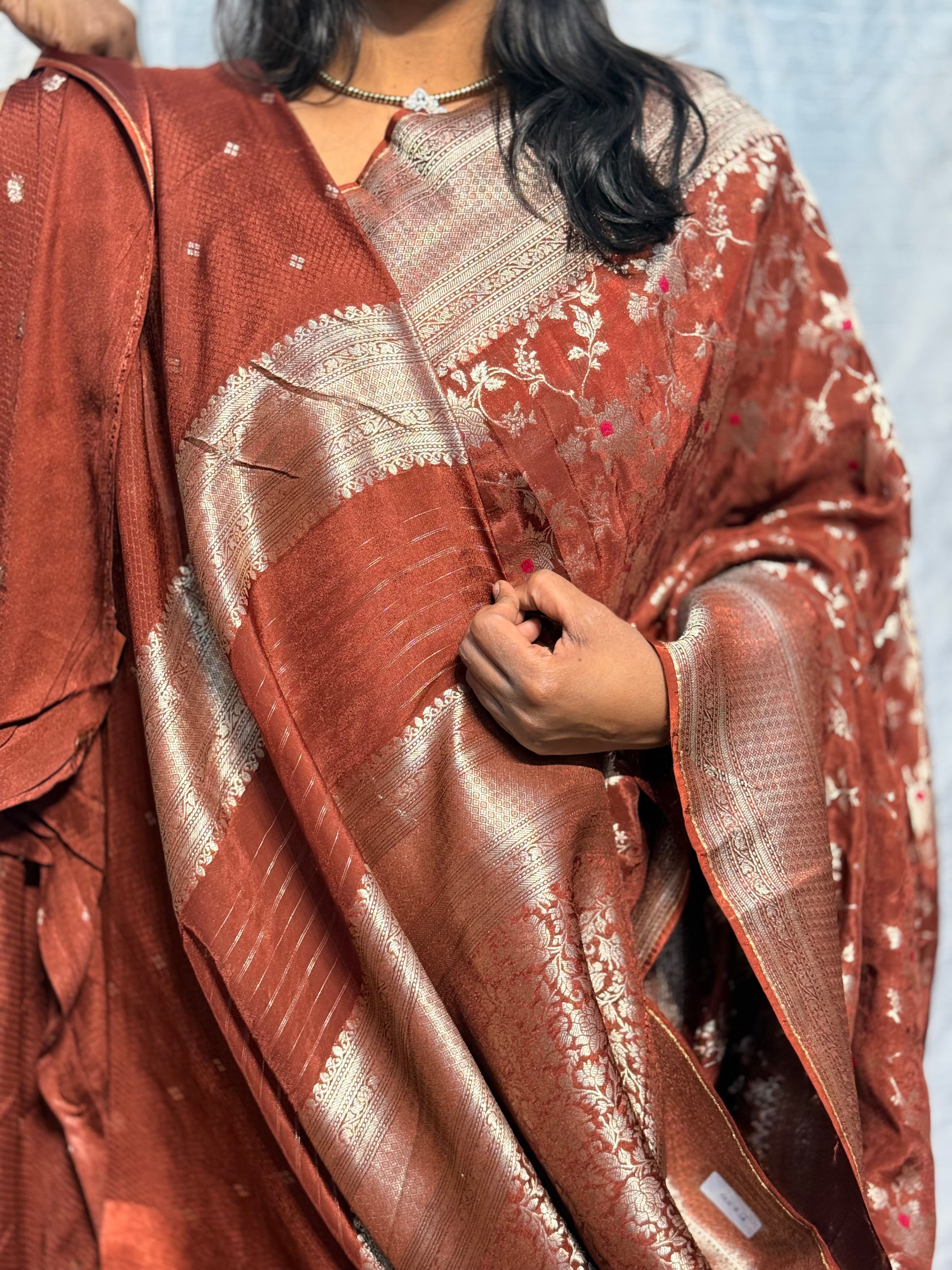 PREMIUM MYSORE SILK WITH JAAL PATTERN: BROWN
