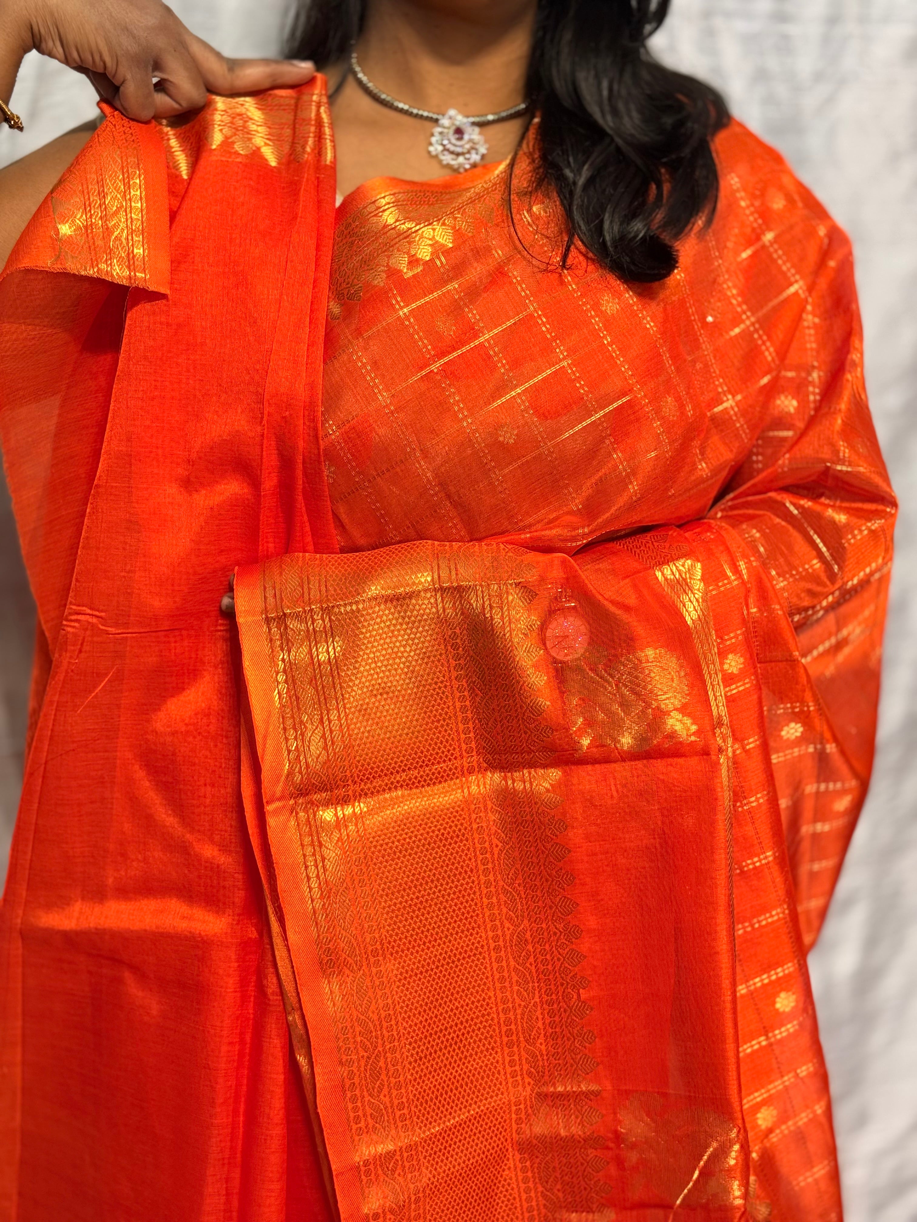 Mangalgiri pattu saree with nemali butis in gap border and checks allover: ORANGE