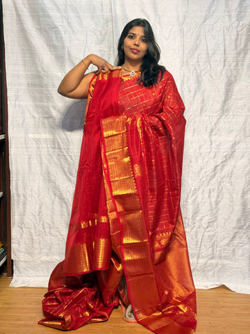 Mangalgiri pattu saree with nemali butis in gap border and checks allover: RED (KUMKUM)