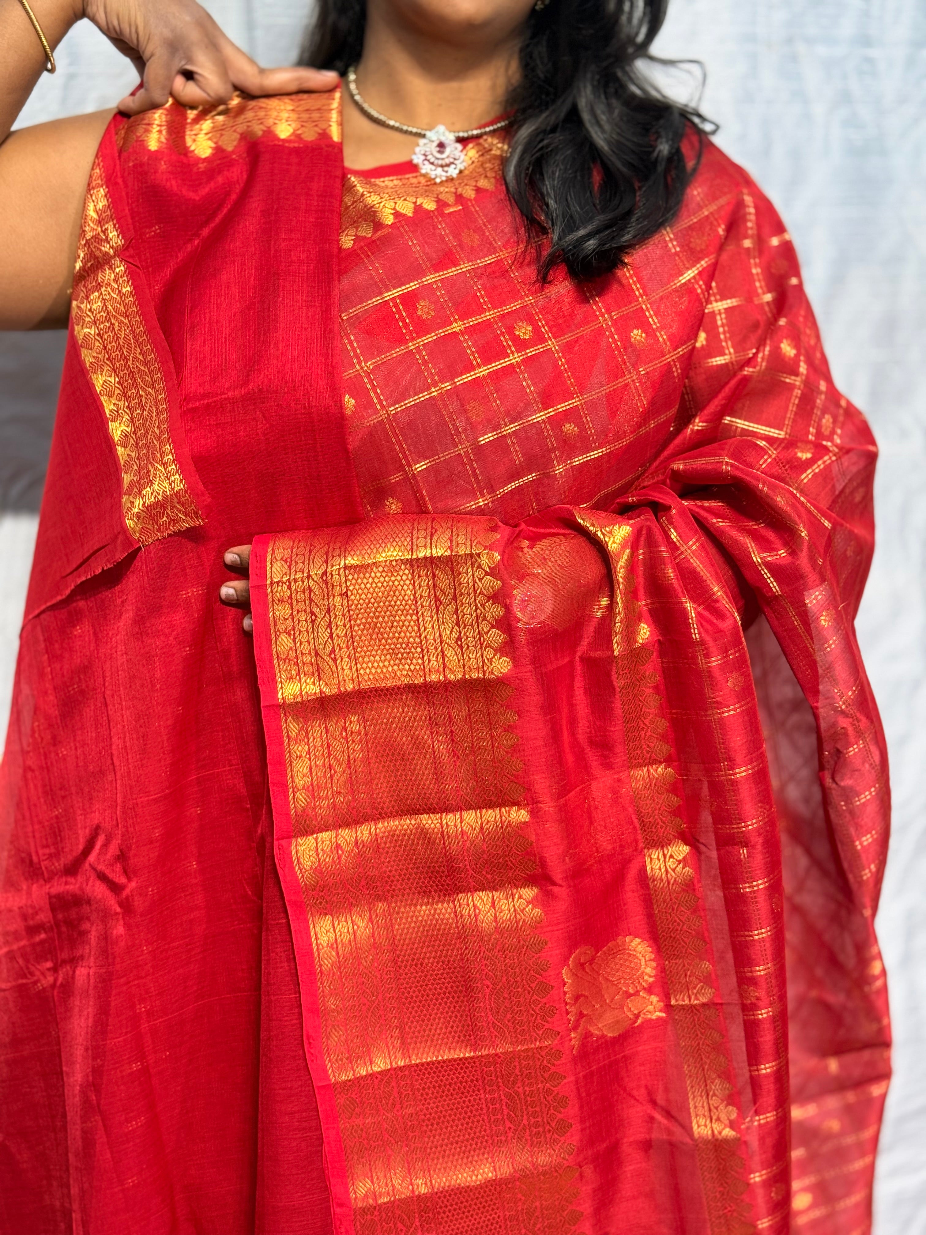 Mangalgiri pattu saree with nemali butis in gap border and checks allover: RED (KUMKUM)