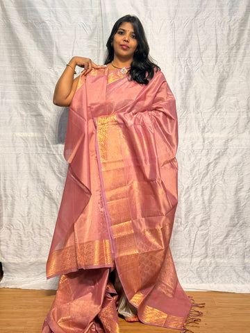 MANGALGIRI PATTU SAREE WITH BIG TEMPLE BORDER: ONION PINK
