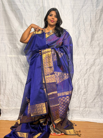 MANGALGIRI PATTU SAREE WITH BIG TEMPLE BORDER: ROYAL BLUE