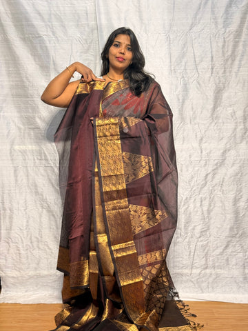 MANGALGIRI PATTU SAREE WITH BIG TEMPLE BORDER: CHOCLATE BROWN