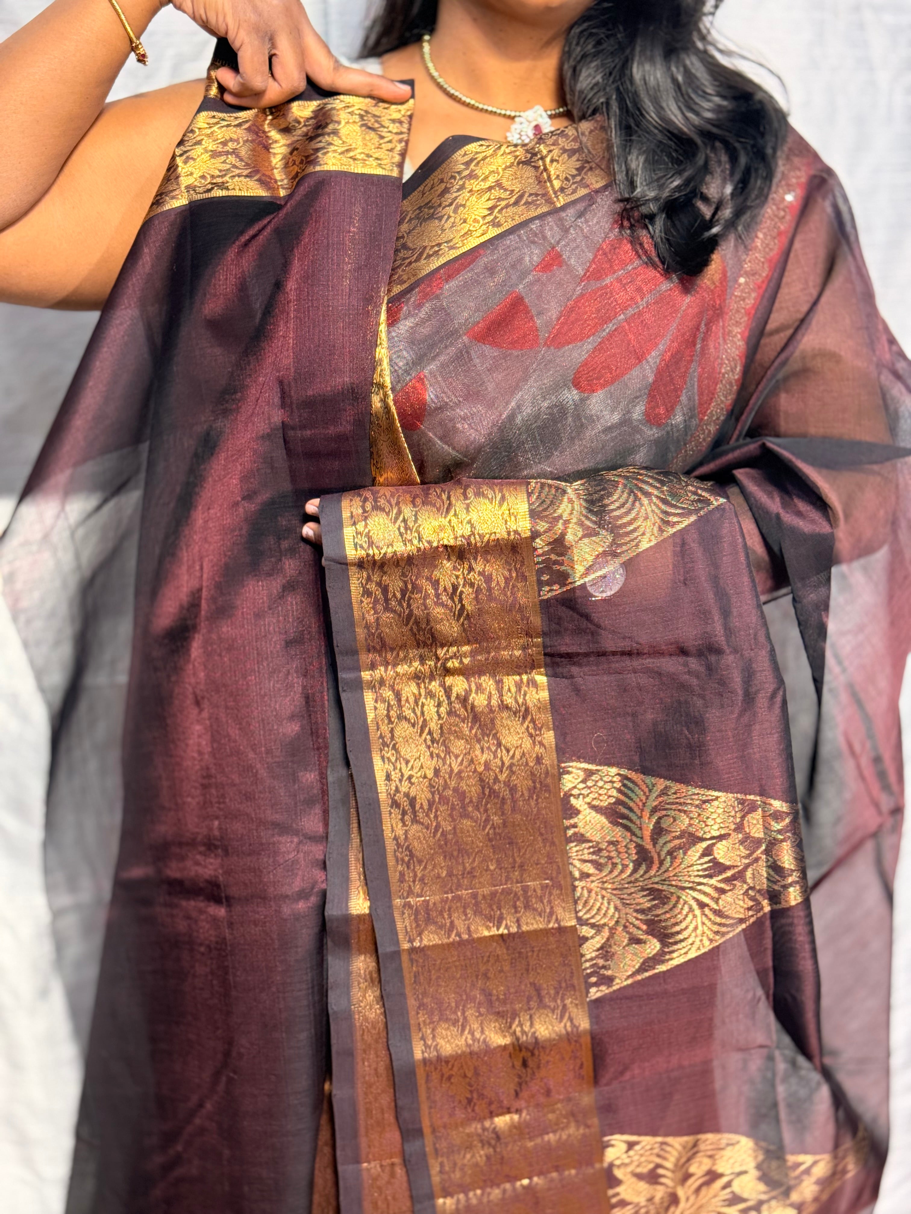 MANGALGIRI PATTU SAREE WITH BIG TEMPLE BORDER: CHOCLATE BROWN