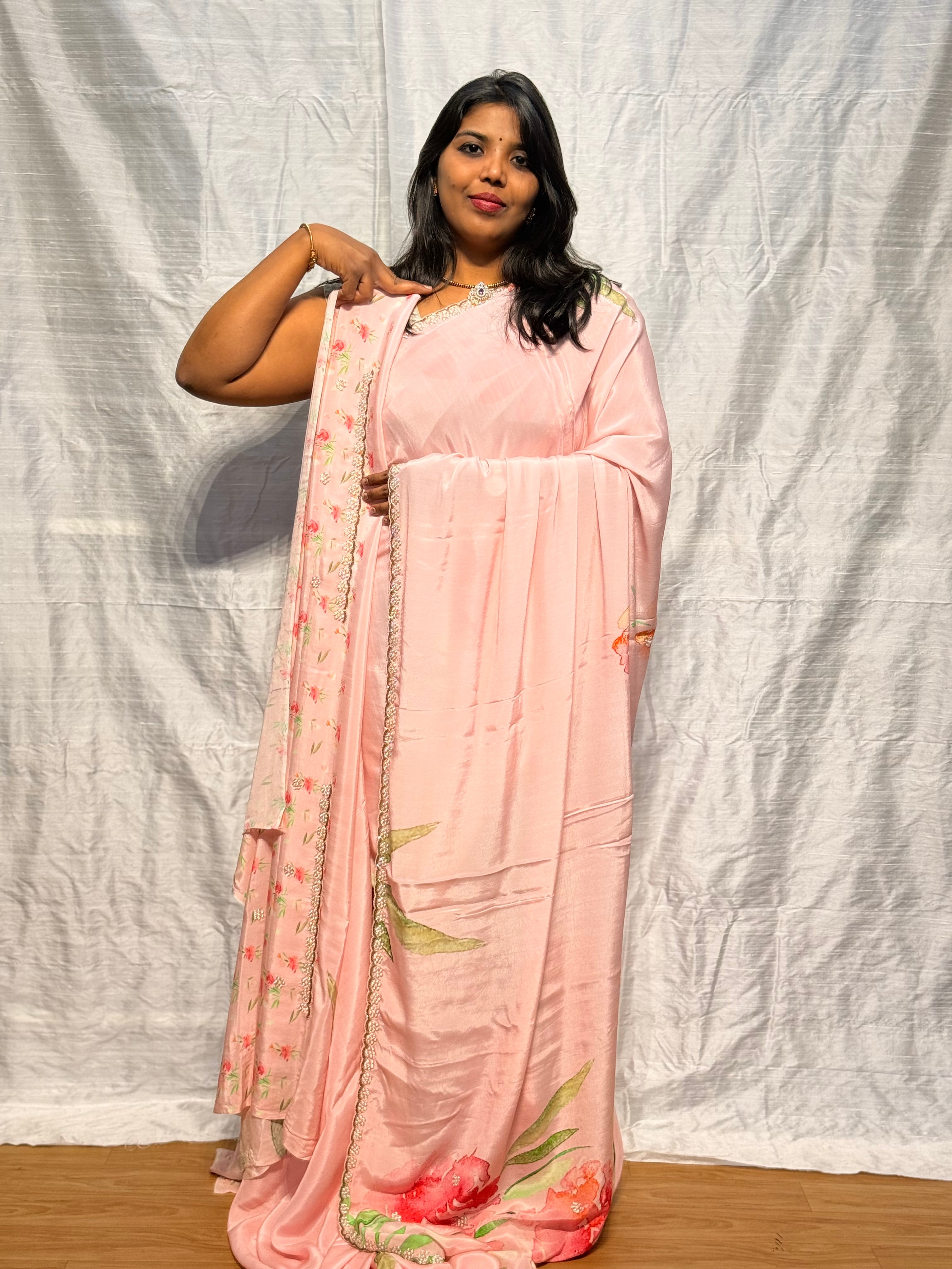 PURE LIVA CREPE SILK SAREE WITH PEARL WORK BORDER: BABY PINK