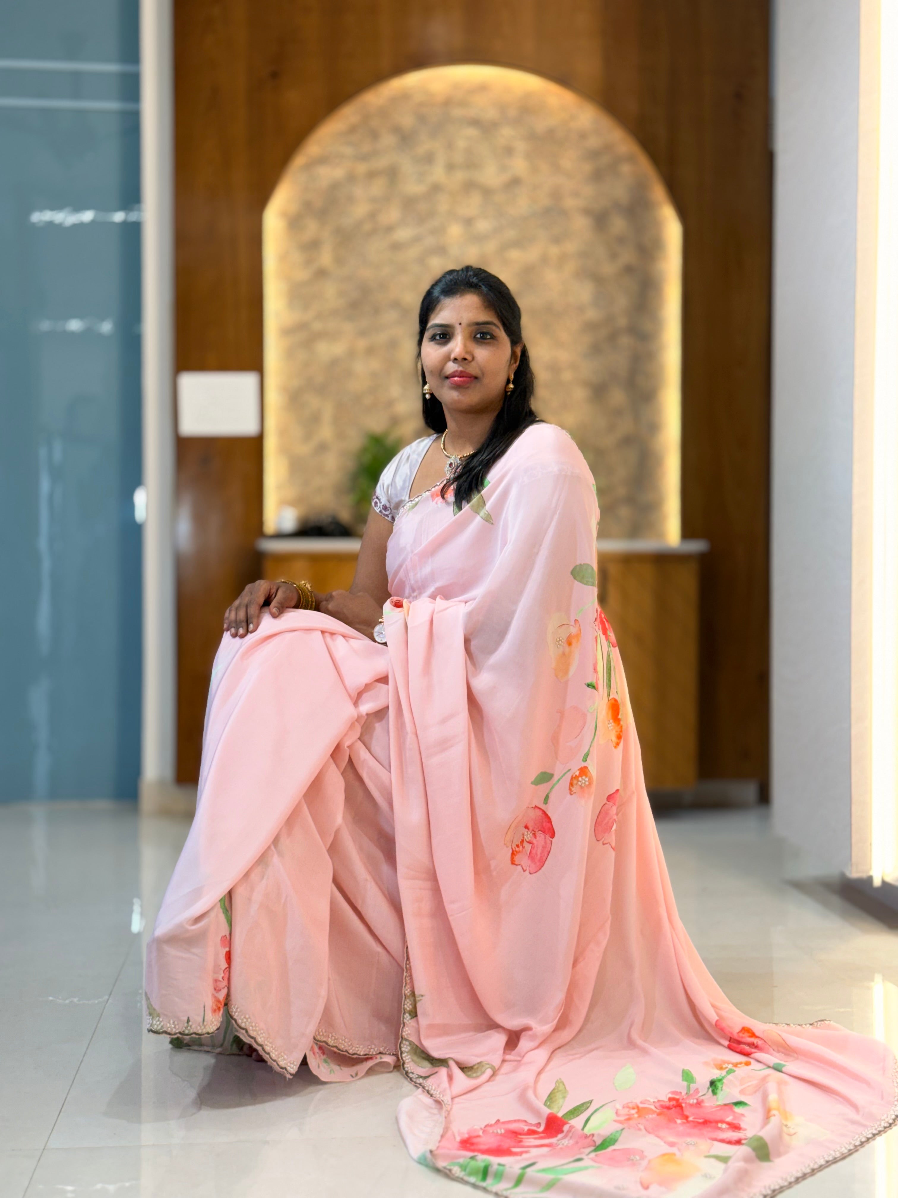 PURE LIVA CREPE SILK SAREE WITH PEARL WORK BORDER: BABY PINK