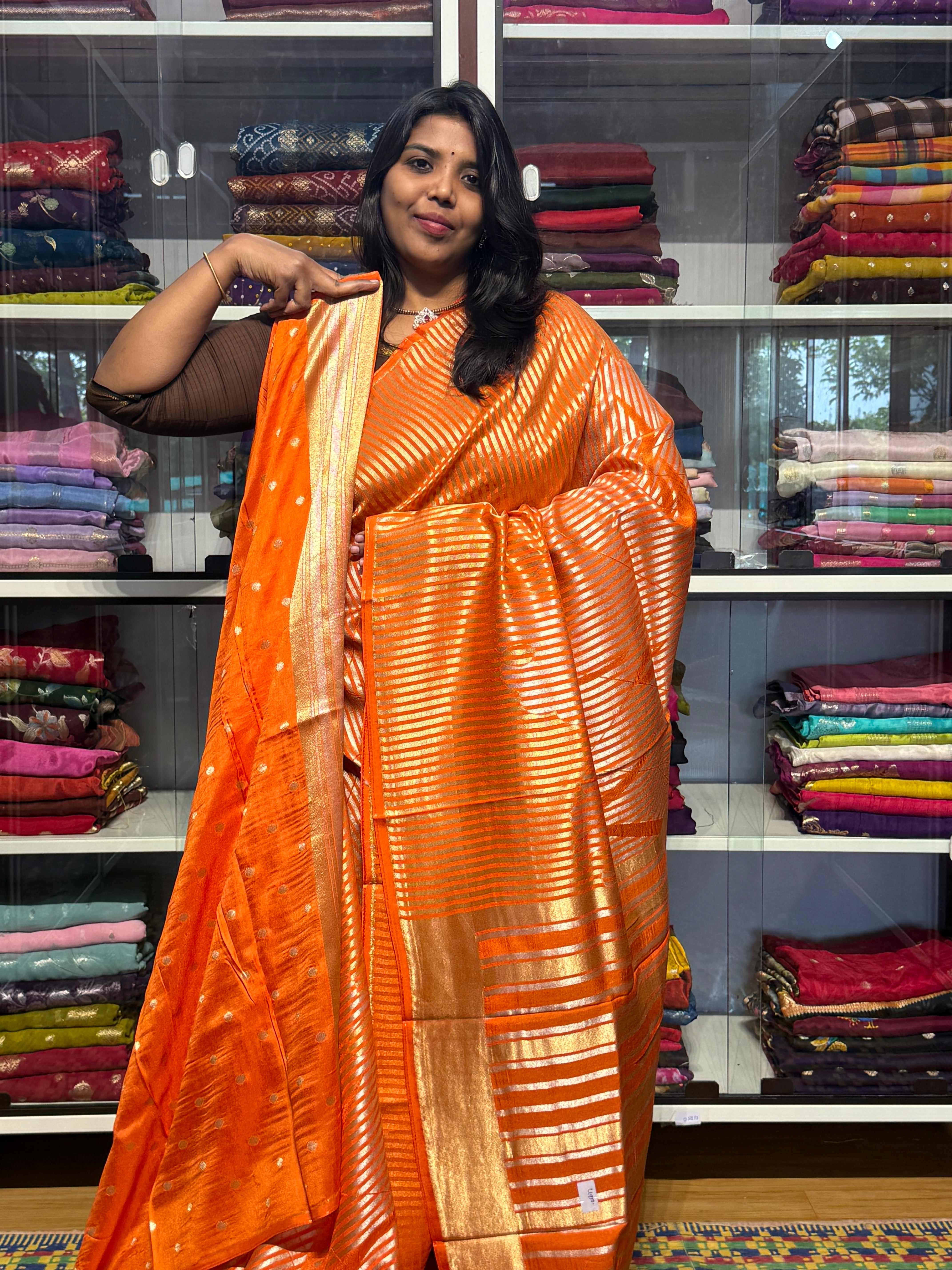 MILAN SILK SAREE WITH STRIPES PATTERN : ORANGE
