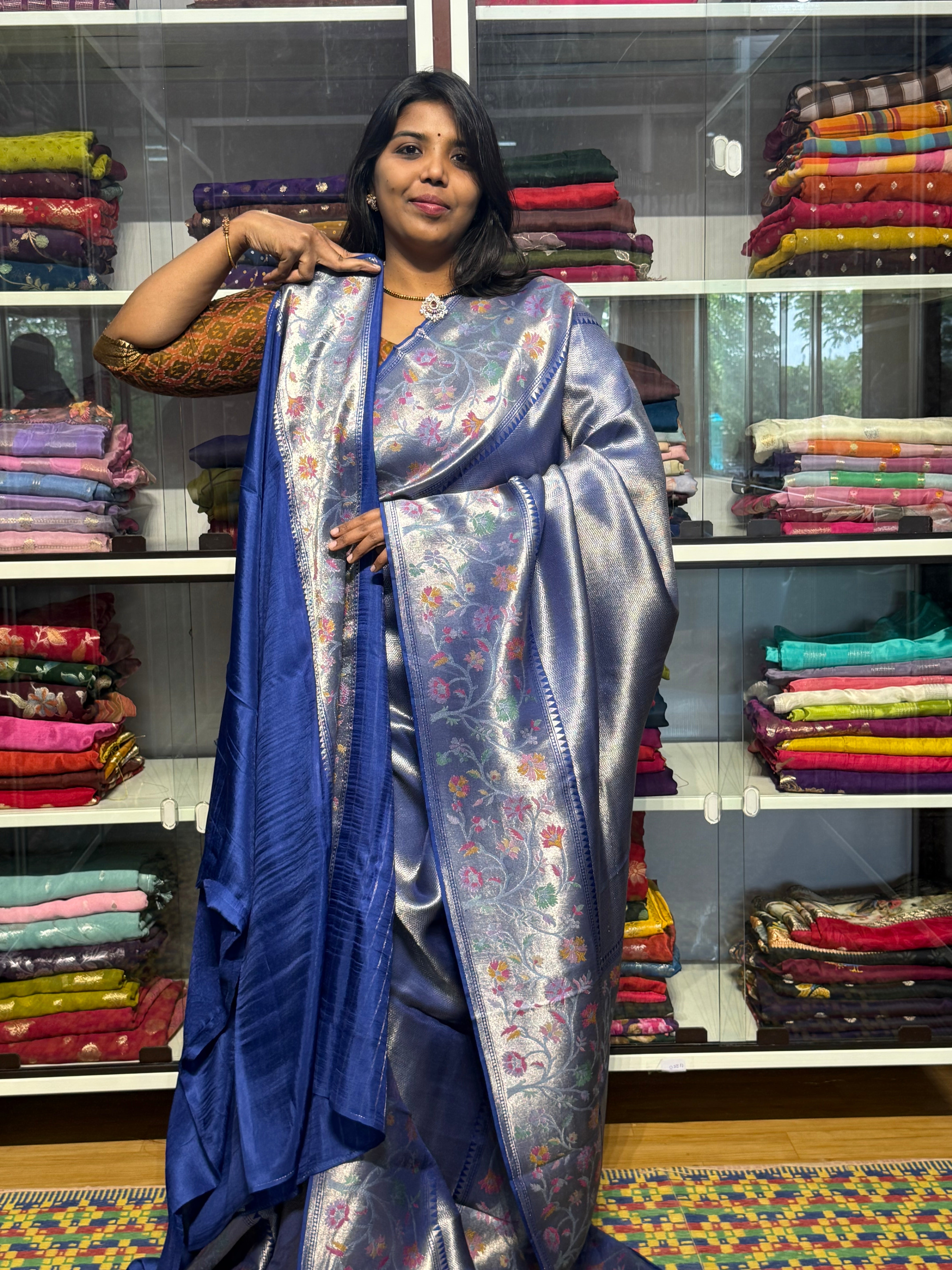 PURE TISSUE WEAVING WITH PAITHANI MEENAKARI BORDER: BLUE