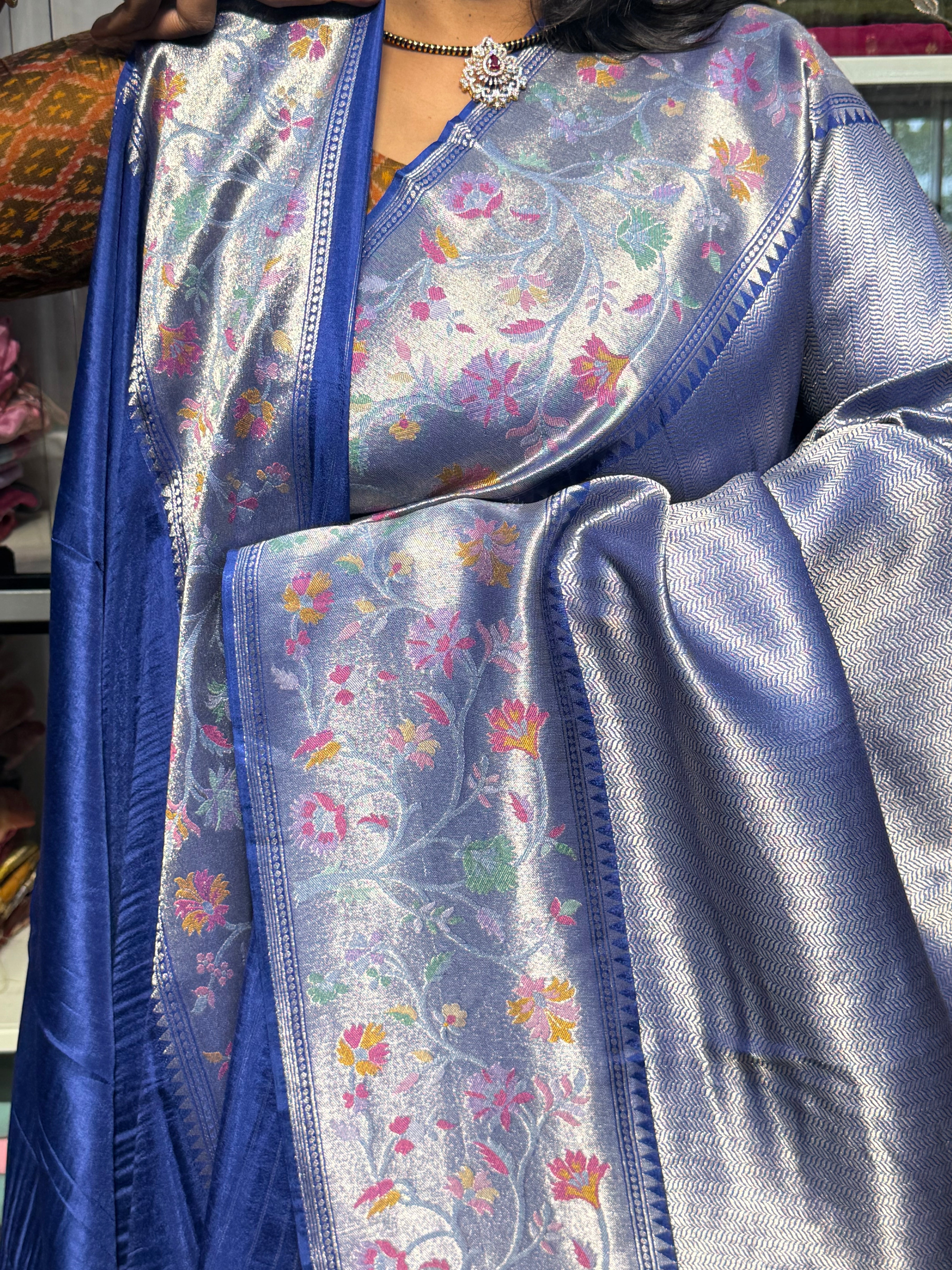 PURE TISSUE WEAVING WITH PAITHANI MEENAKARI BORDER: BLUE