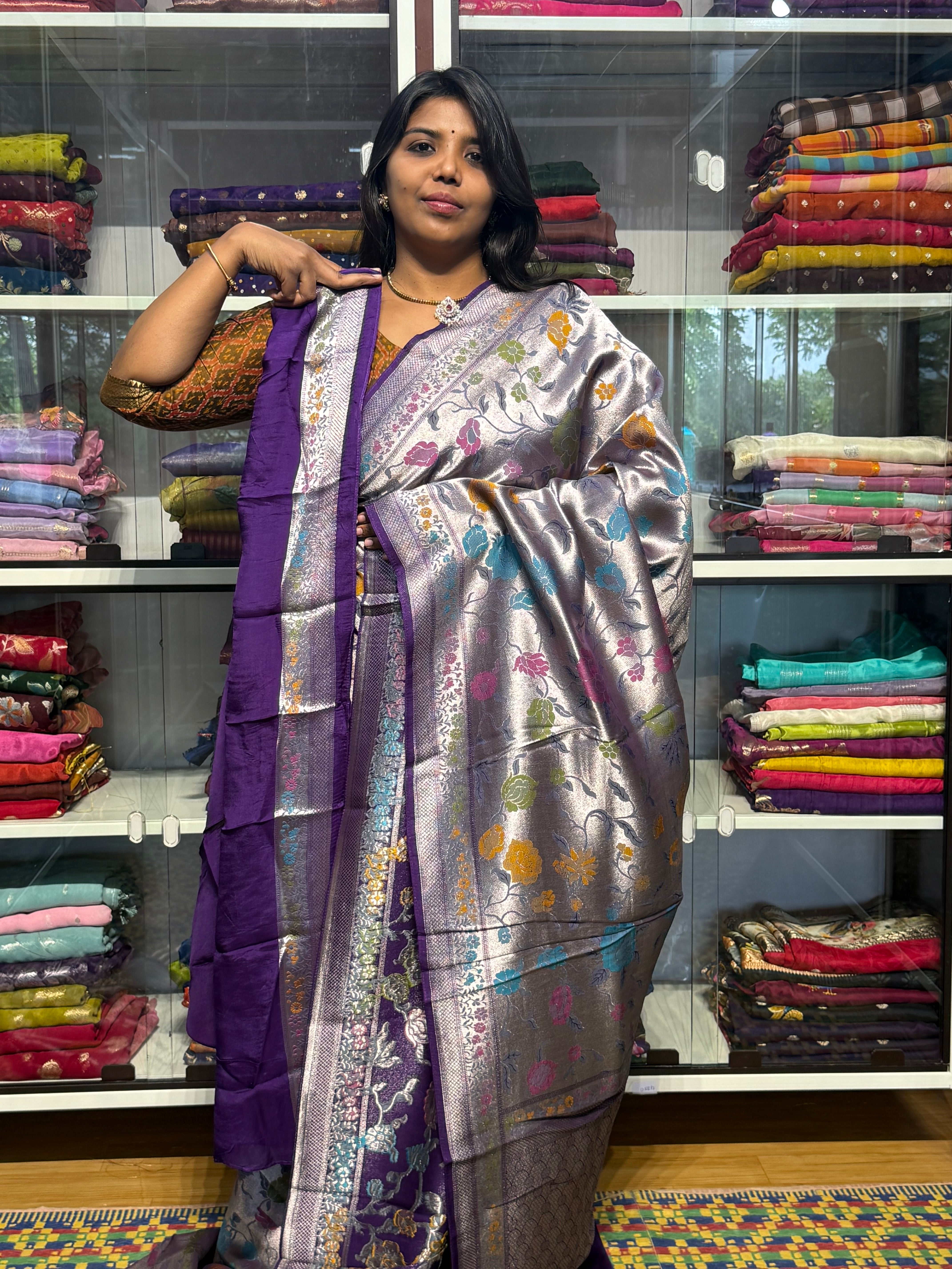 PURE BANARAS TISSUE SILK WITH PAITHANI FUSION : VOILET