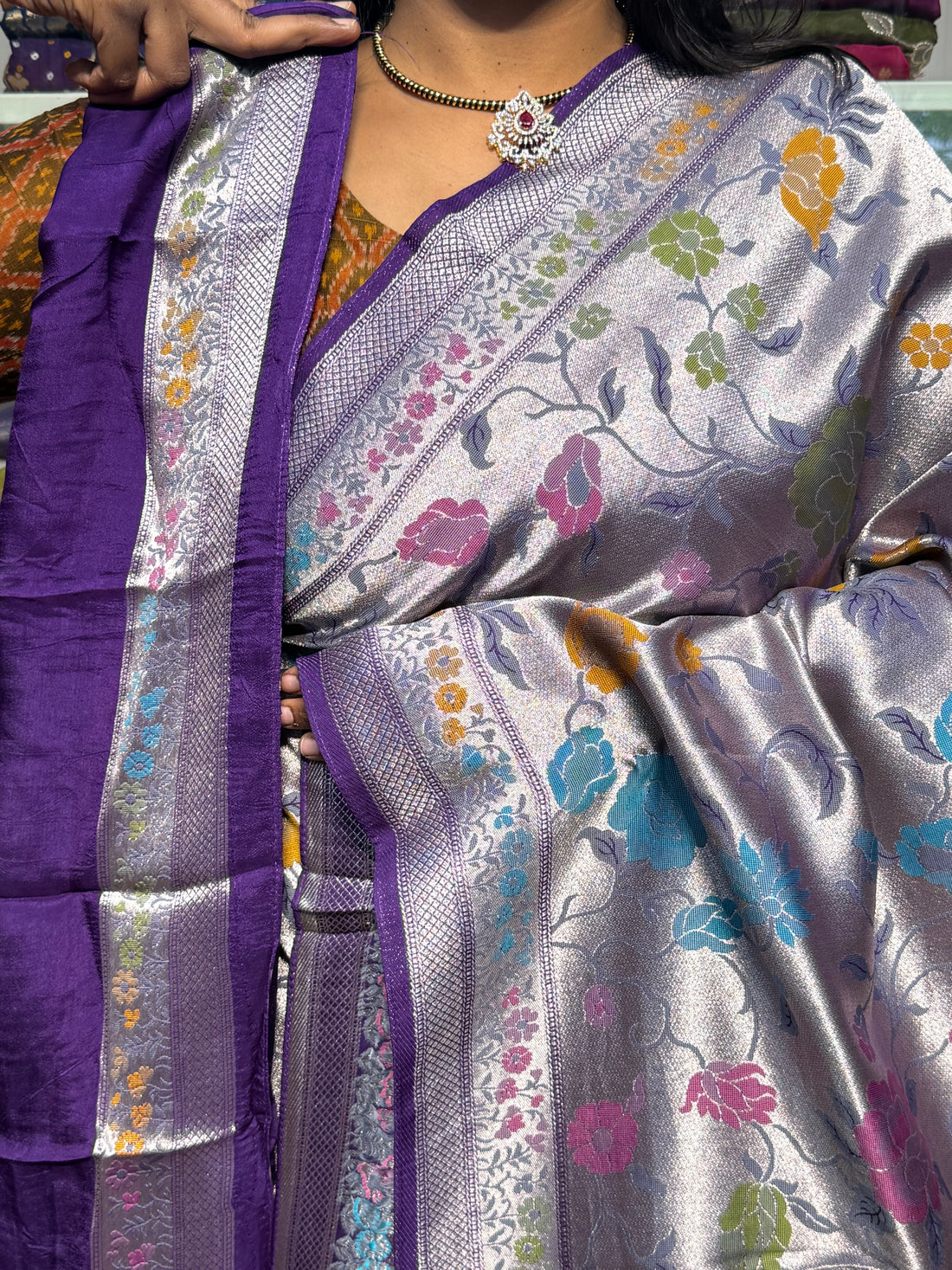 PURE BANARAS TISSUE SILK WITH PAITHANI FUSION : VOILET