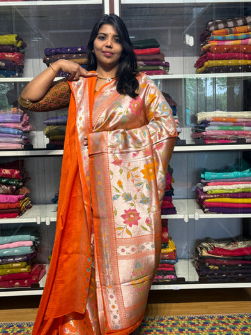 PURE BANARAS TISSUE SILK WITH PAITHANI FUSION: ORANGE