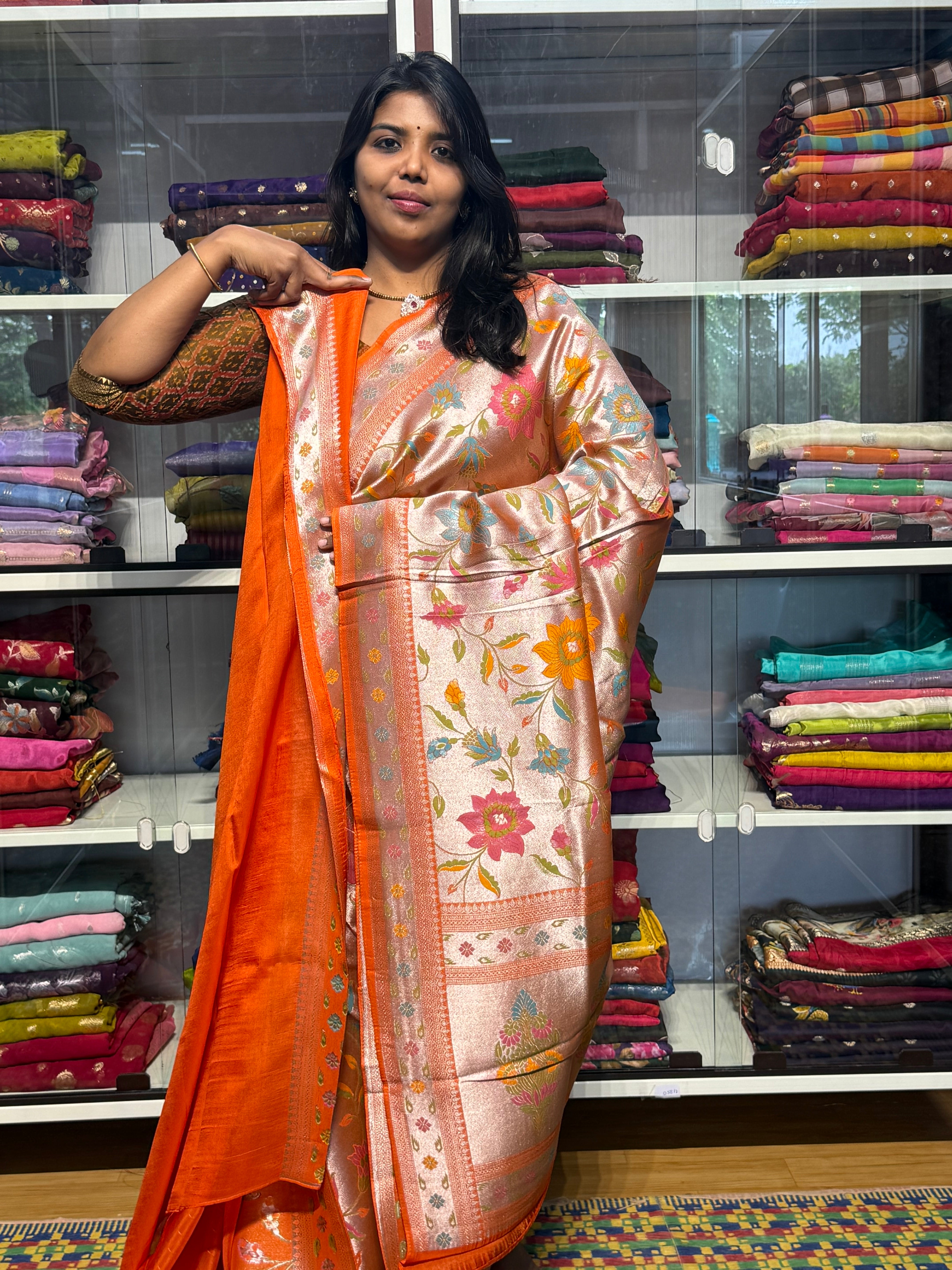 PURE BANARAS TISSUE SILK WITH PAITHANI FUSION: ORANGE