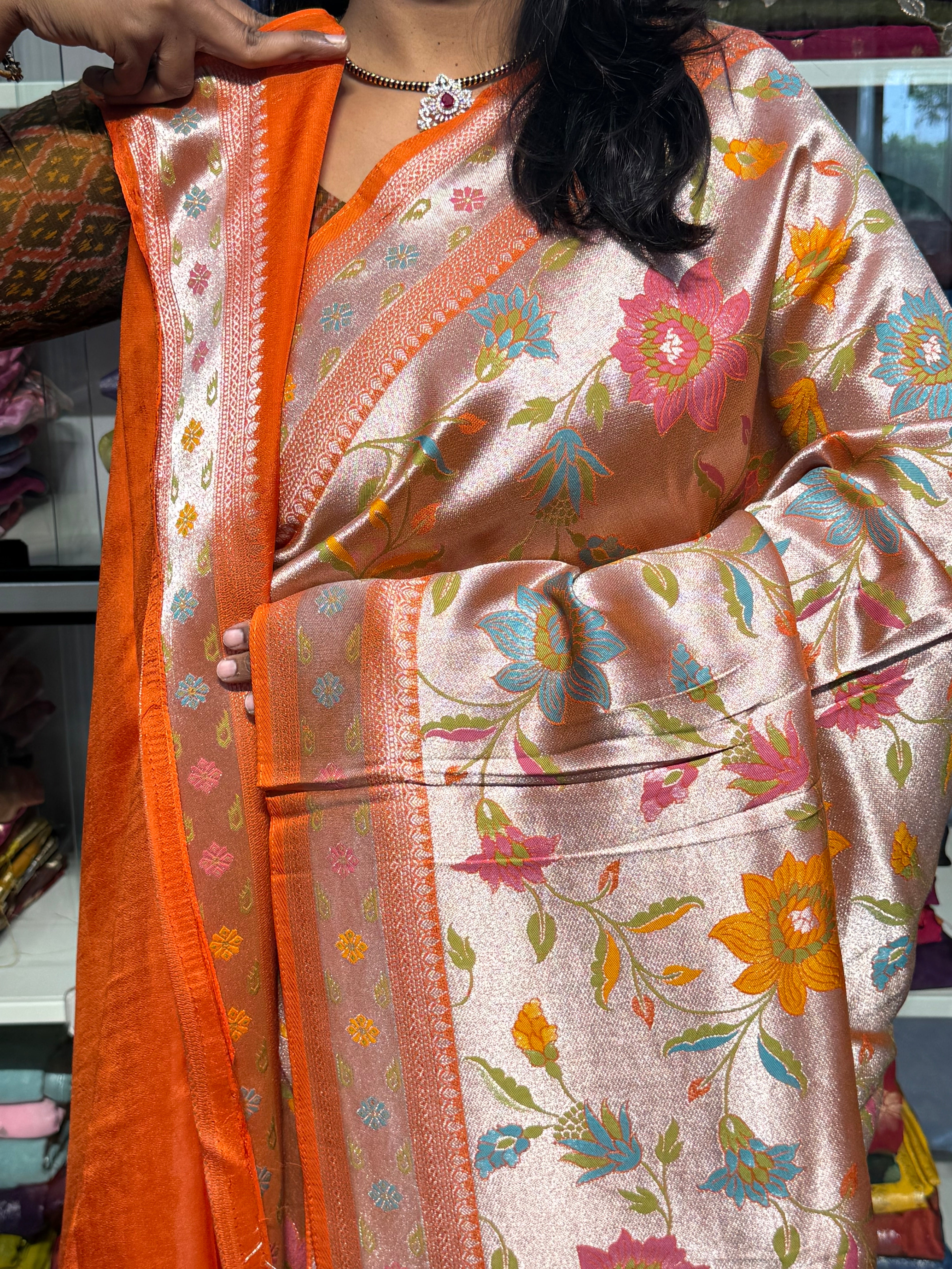 PURE BANARAS TISSUE SILK WITH PAITHANI FUSION: ORANGE
