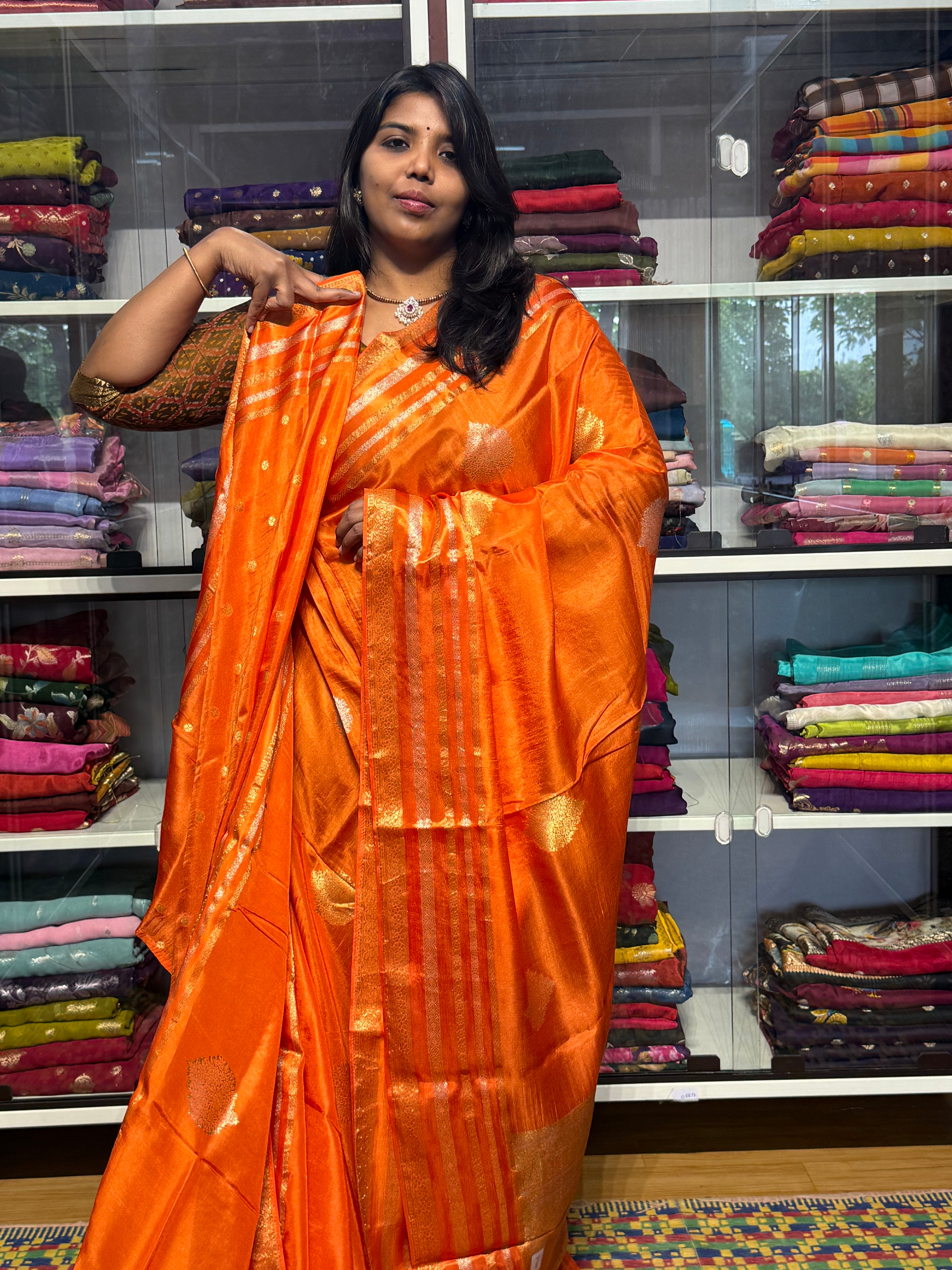 MUNGA SILK SAREE WITH GOLD AND SILVER BUTIS: ORANGE