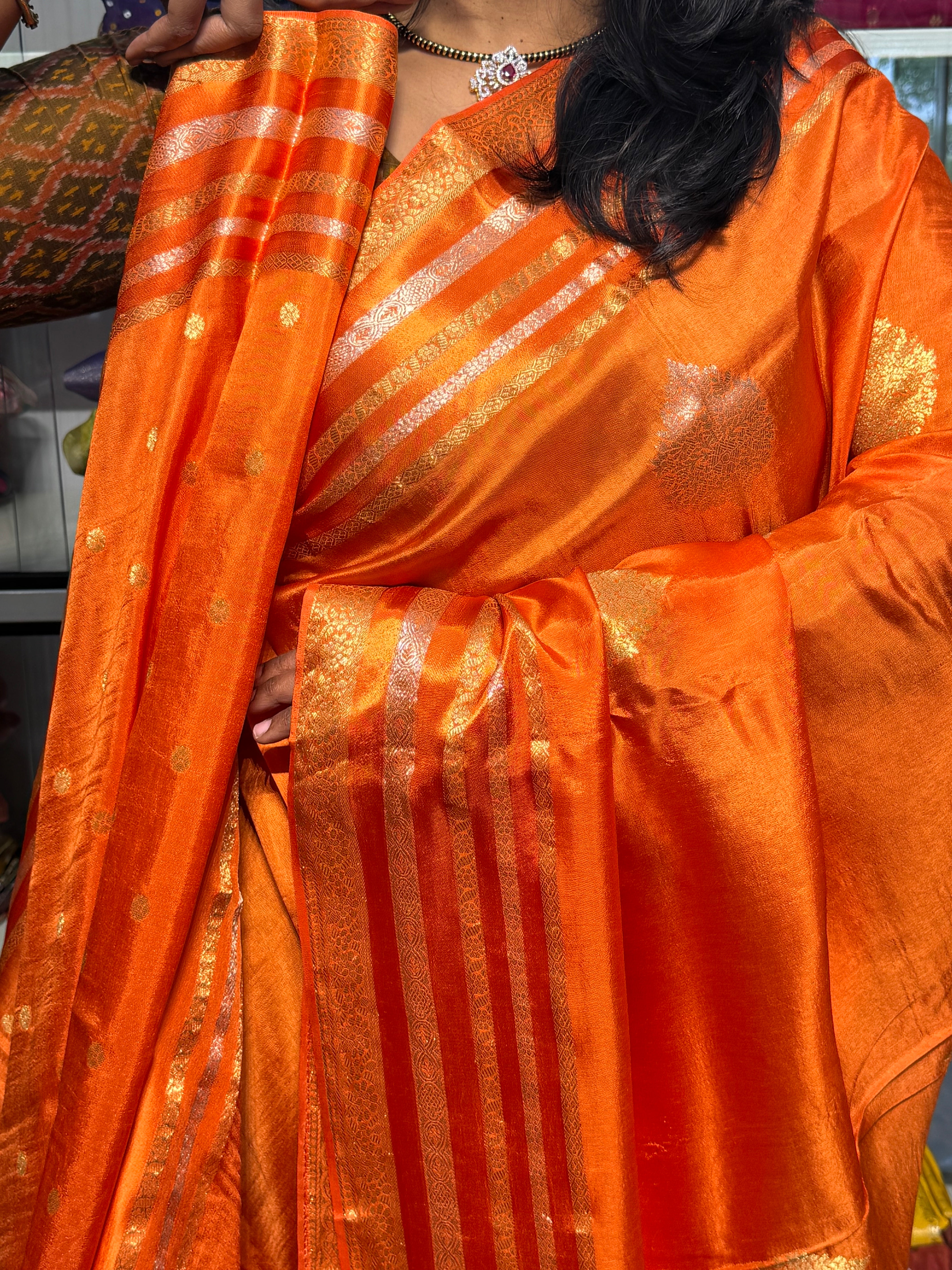 MUNGA SILK SAREE WITH GOLD AND SILVER BUTIS: ORANGE