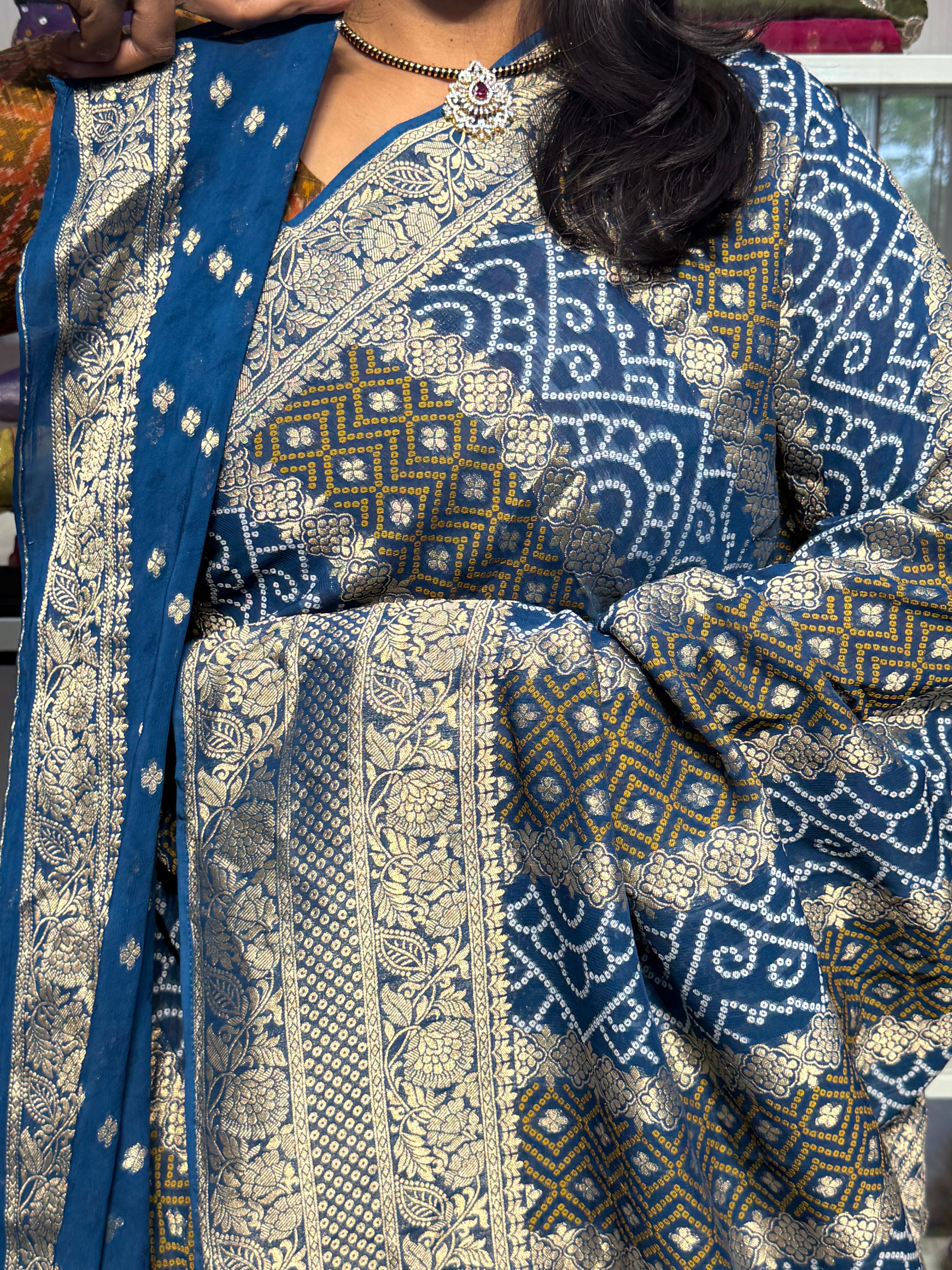 PURE BANARAS GEORGETTE WITH BANDINI FUSION: GERMAN BLUE