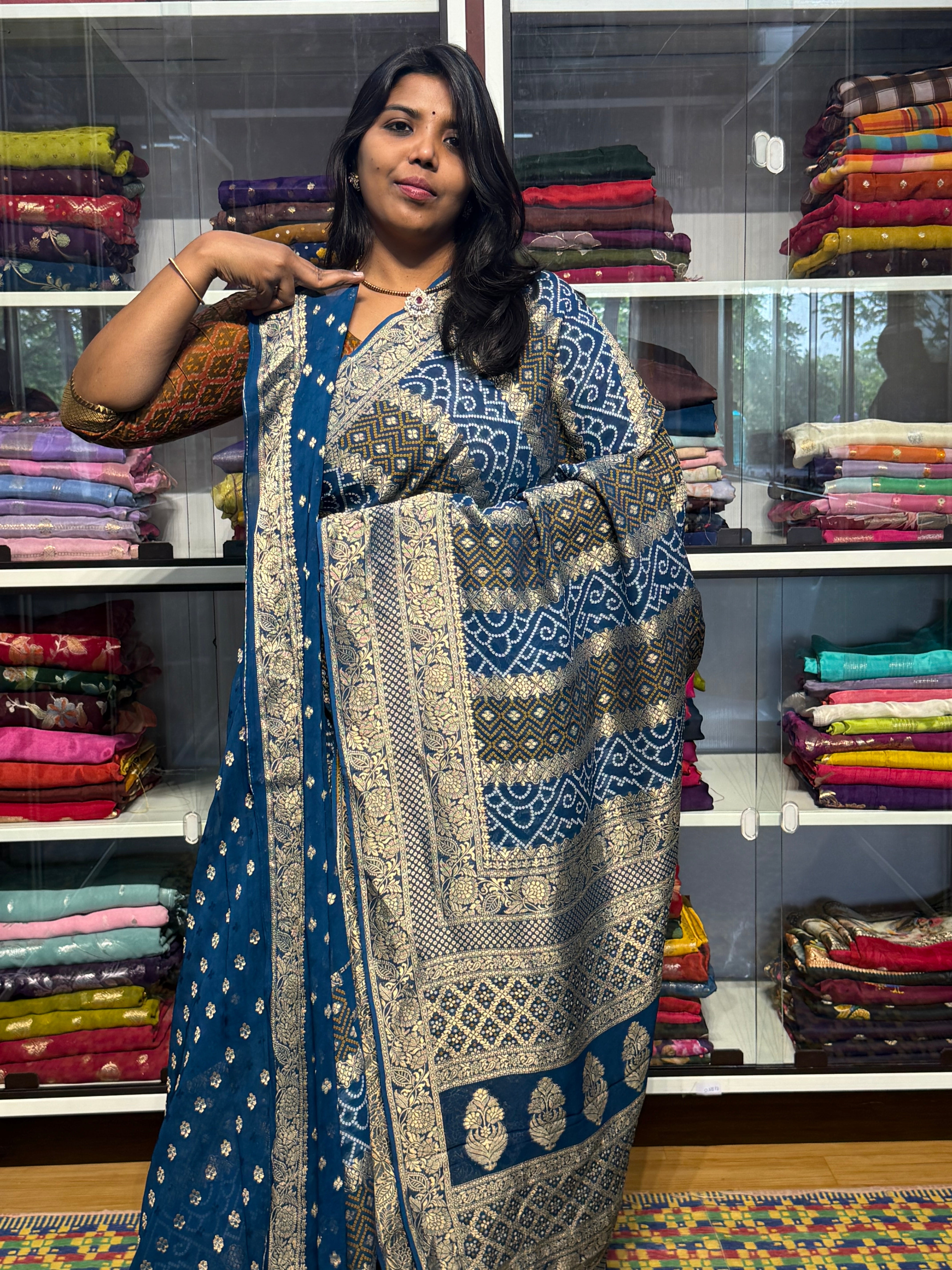PURE BANARAS GEORGETTE WITH BANDINI FUSION: GERMAN BLUE