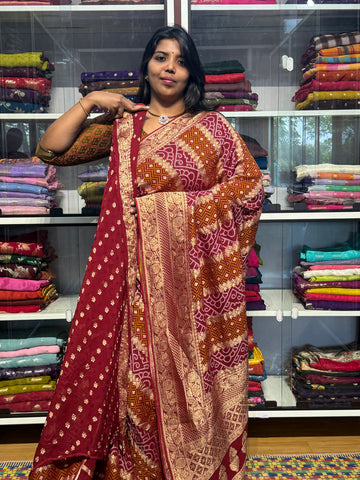 PURE KHADDI GEORGETTE WITH BANDINI FUSION: MAROON
