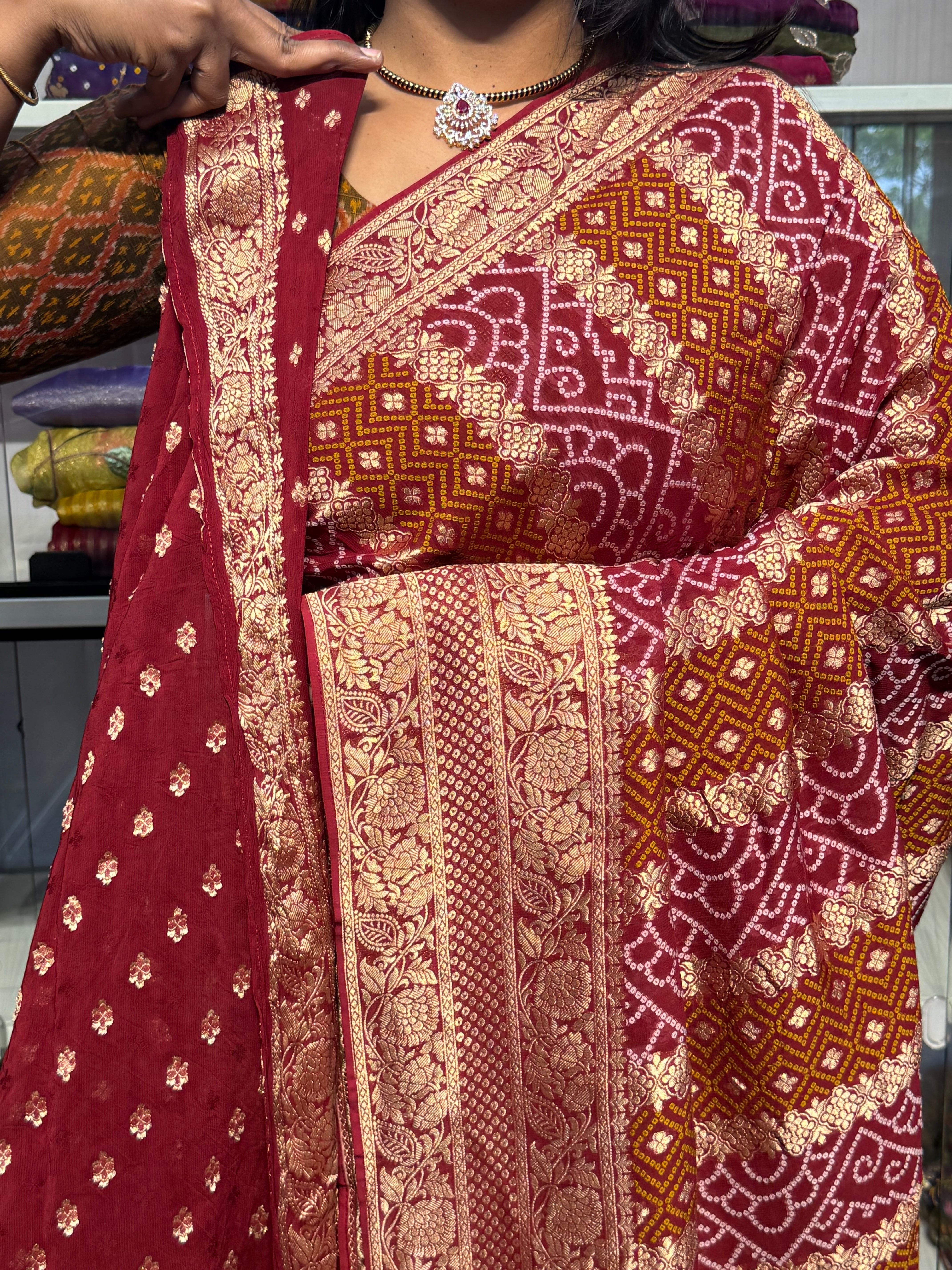 PURE KHADDI GEORGETTE WITH BANDINI FUSION: MAROON