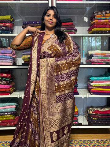 PURE KHADDI GEORGETTE WITH BANDINI FUSION: BROWN