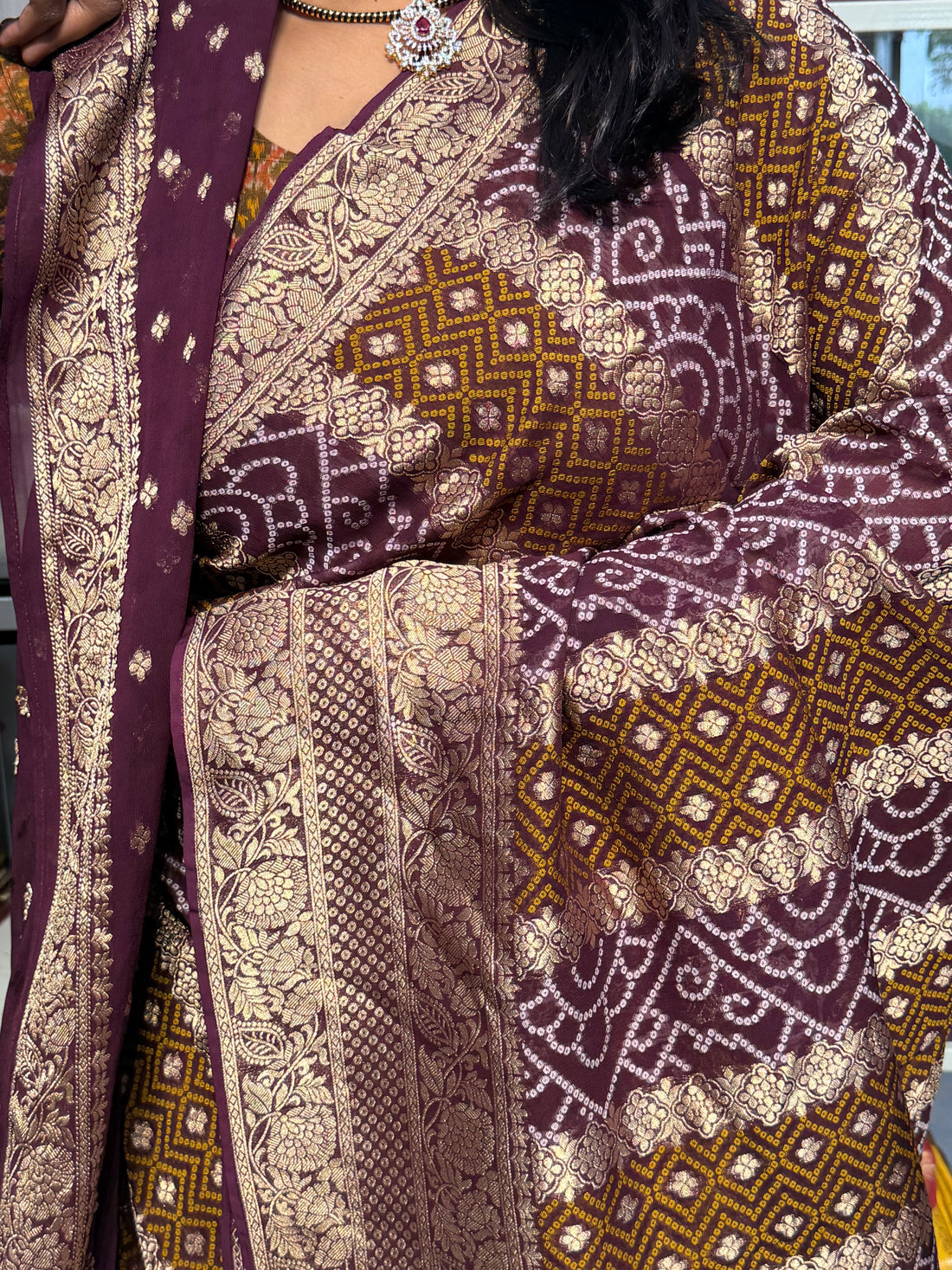 PURE KHADDI GEORGETTE WITH BANDINI FUSION: BROWN